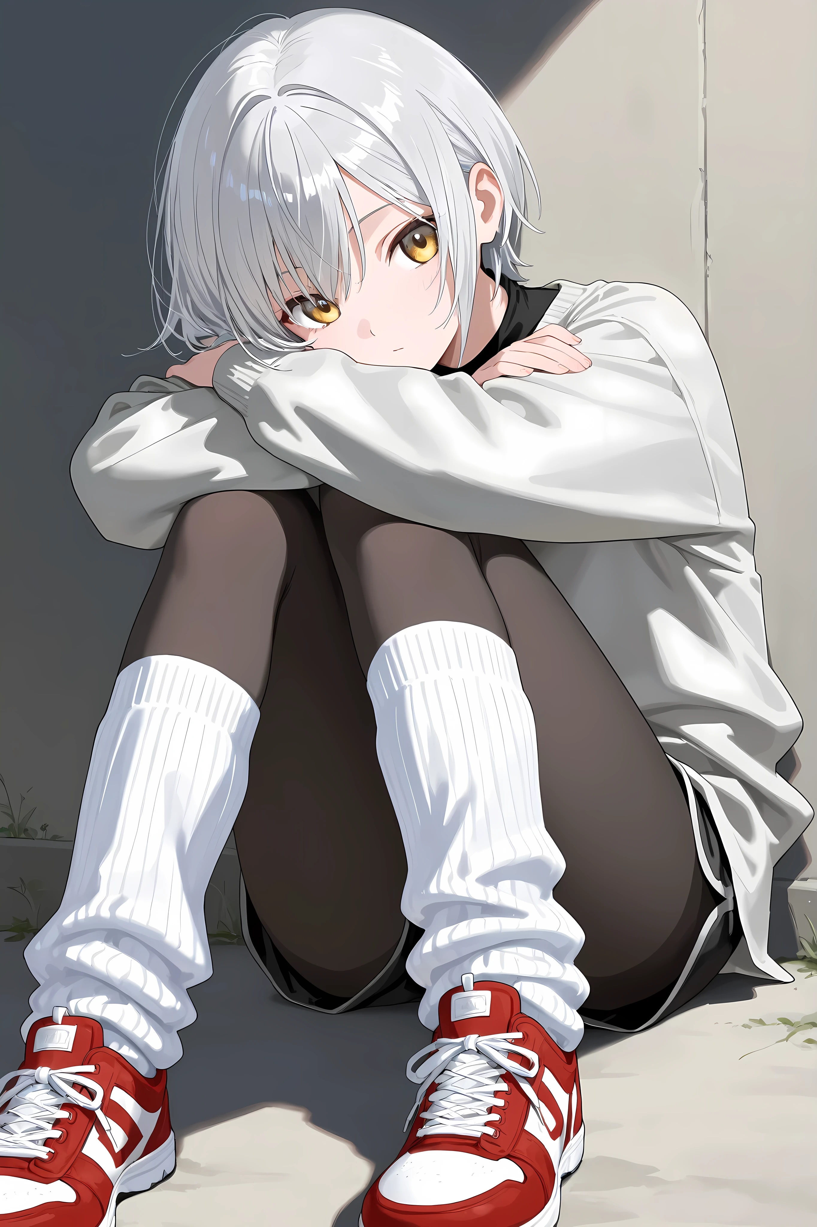 1girl, wearing a white long sleeved shirt underneath a gray sweater, Black shorts with black tights, white loose socks with red sneakers. Black short hair with silver highlights, golden eyes, sitting on the ground and hugging her knees