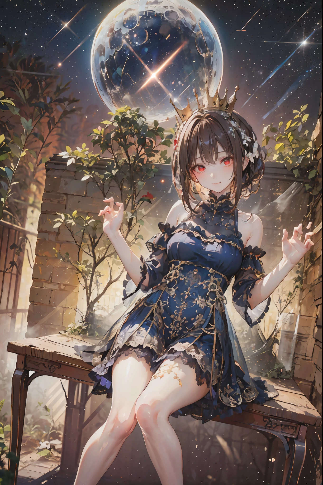 (((red eyes)))、(((Gold crown)))、night，A bewitching crimson eyed fairy with high quality red eyes and a sad expression、Sitting on a splendid chair in an abandoned castle、It looks like they are crossing their legs。luxurious crown，brown hair，shortcuts，unkempt hair，long skirt that comes off the shoulder straps，Short braided hair，Neat，slender beauty，correct posture，small breasted，Beautiful legs，Enchanting Gray-Blue Eyes Shine Like Stars，Saggy Eyes，Brilliant Colors,beautiful eyes,A delicate smile,Textured Skin,Best quality at its best,gentle and beautiful woman,anime style､darkness and moonlight shining in the background、there are multiple old portraits hanging that make you feel the passage of time。meteor、空から降り注ぐmeteor、無数のmeteor群、the color of determination floats in her mouth、a small flame shines thinly。detailed 4K rendering,Ultra High Definition,Photographic Realism,professional,Extremely colorful,bokeh