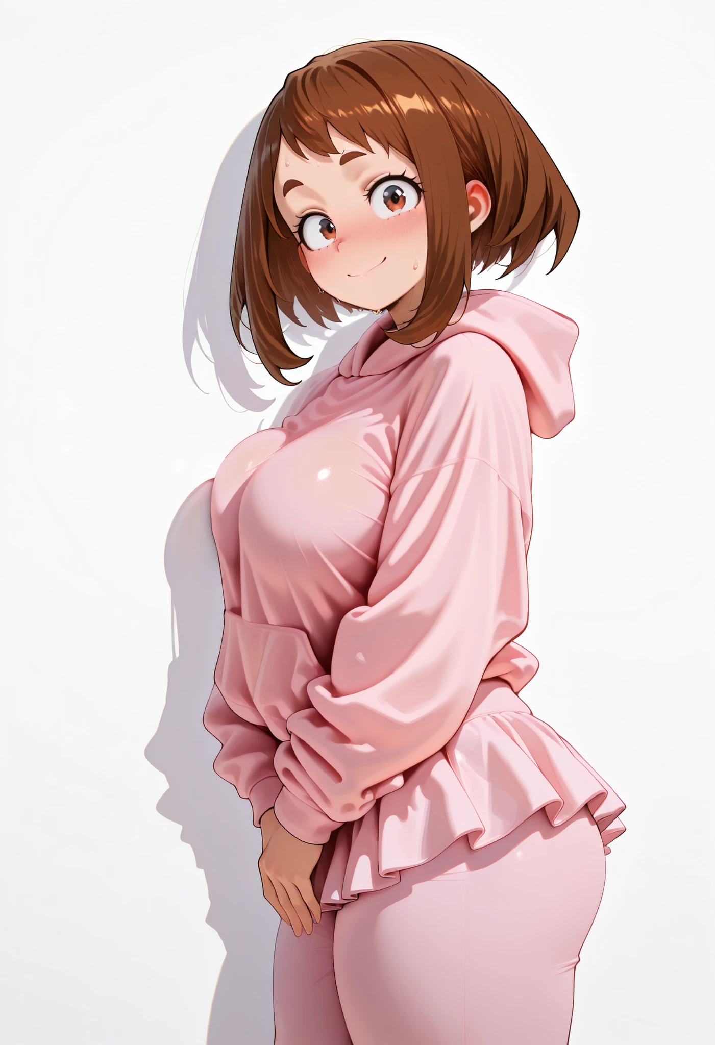 (masutepiece, Best Quality, hight resolution,, Perfect Pixel, depth of fields, 4K), Beautiful anime girl, Perfect body , uraraka ochako ,, ,,,,,, , , jewelry, , , sweat, , ,looking at viewer, , , ,, smile, , blush, with an extremely curvy and voluptuous figure, looking at viewer, shiny skin, shiny hair, shiny body, clear body, nose blush, BREAST FOCUS,, tight clothes completely flat white and empty background,, bubbling breasts, SOLO, white background, empty background, LARGE BREASTS, STANDING, POSING, side pose, view from side, side wiew, side looking,contrapasso, view from front, pink hoodie, pants under skirt, pink skirt, pink pants