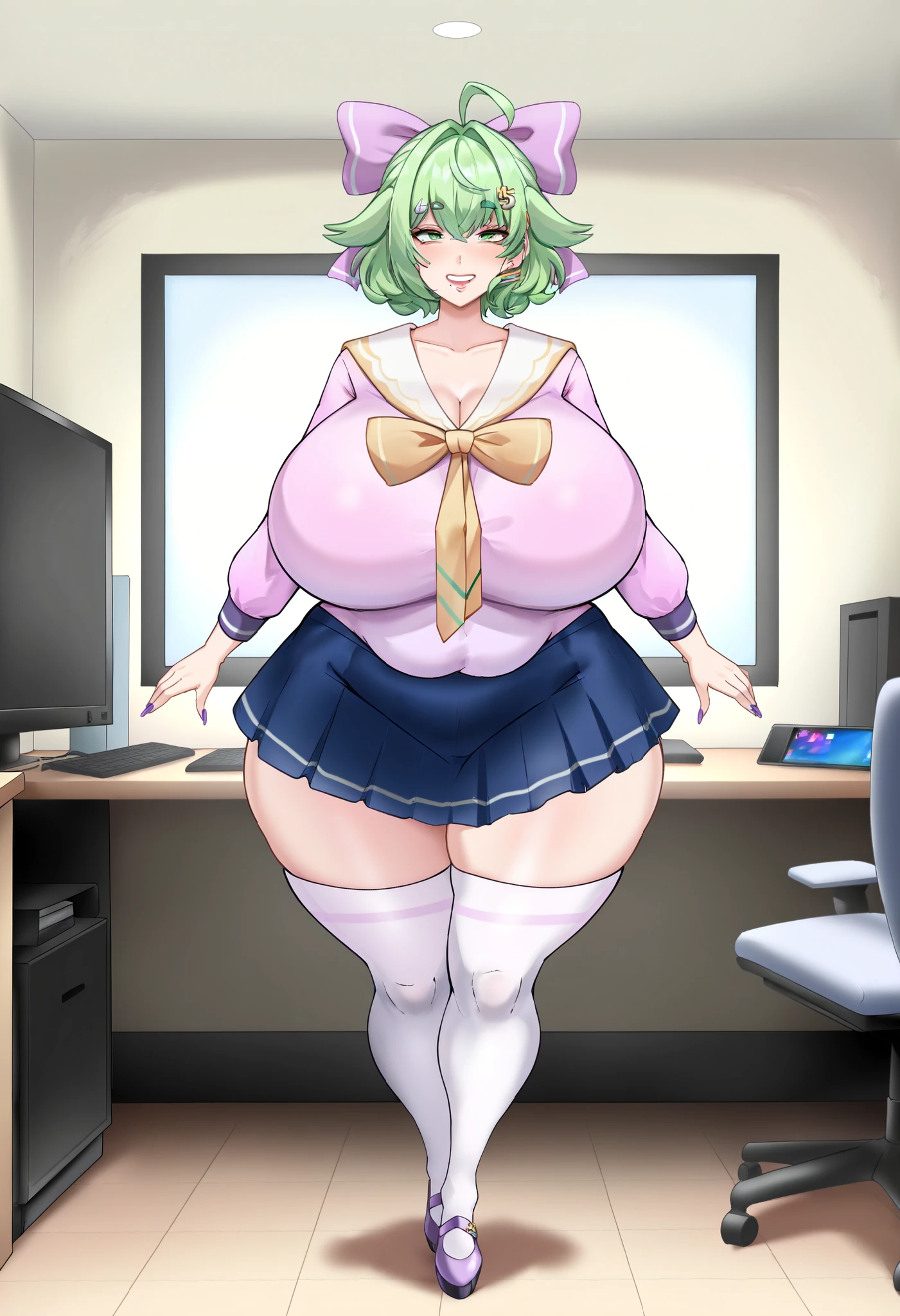 Masterpiece, best quality, high resolution, 1girl ,full body shot, (best quality), (ultra-detailed), (masterpiece, best quality:1.3), 1female, adult, Masterpiece, Best Quality, hi res,HD, detailed 1girl ,anime, mature female, indoors, smile, age 30 - 40 ,curvy, busty,thick, huge breast, mature face,milf, mother, NSFW,short green hair, green eyes, purple bow headdress, sailor suit, blue pleated skirt, white stockings, Green Hair Bow Girl,ahoge / stray hair,M-shaped fringe / M-shaped bangs Short green hair, green eyes, purple bow headpiece, Barrette . Hair bow voluptuous, voluptuous female, looking at viewer, high resolution, 8k, 4K, high detail, detailed bangs, detailed hair, high detail face, high detail eyes, detailed lips, dynamic shot, dynamic angle, small nose,GreenHairBowGirl, big ass, big ,sexy,Pink dress, long sleeve,Hair bow,desk, computer,gamer,bed, chair, bedroom,looking at the viewer,wide hips, thick thighs,(gigantic ass:1.2), (gigantic breasts:1.2),(chubby:1.35), ((mature fingers)),Voluptuous body, curvy body, accurate fingers, GreenHairBowGirl ,