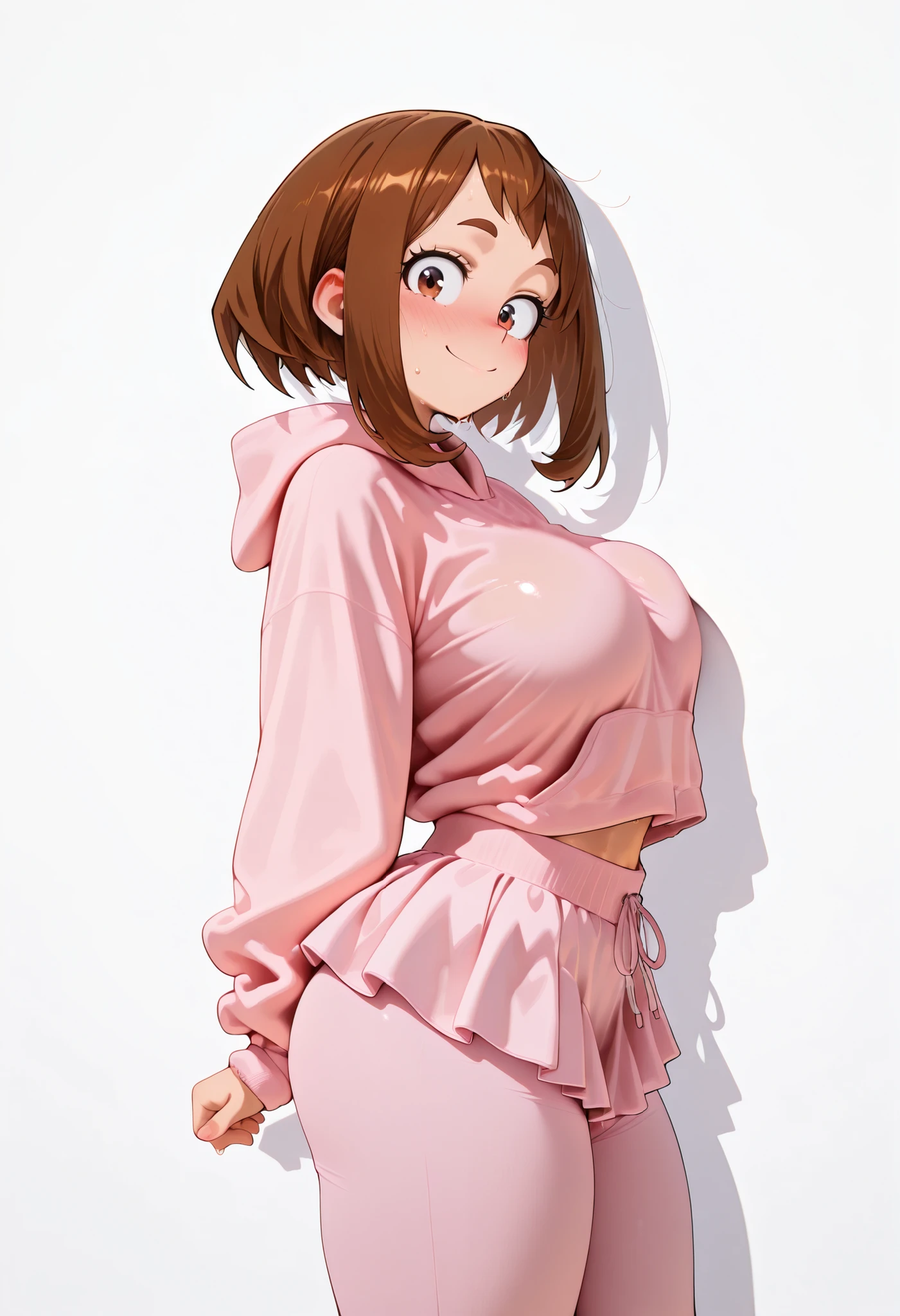(masutepiece, Best Quality, hight resolution,, Perfect Pixel, depth of fields, 4K), Beautiful anime girl, Perfect body , uraraka ochako ,, ,,,,,, , , jewelry, , , sweat, , ,looking at viewer, , , ,, smile, , blush, with an extremely curvy and voluptuous figure, looking at viewer, shiny skin, shiny hair, shiny body, clear body, nose blush, BREAST FOCUS,, tight clothes completely flat white and empty background,, bubbling breasts, SOLO, white background, empty background, LARGE BREASTS, STANDING, POSING, side pose, view from side, side wiew, side looking,contrapasso, view from front, pink hoodie, pants under skirt, pink skirt, pink pants