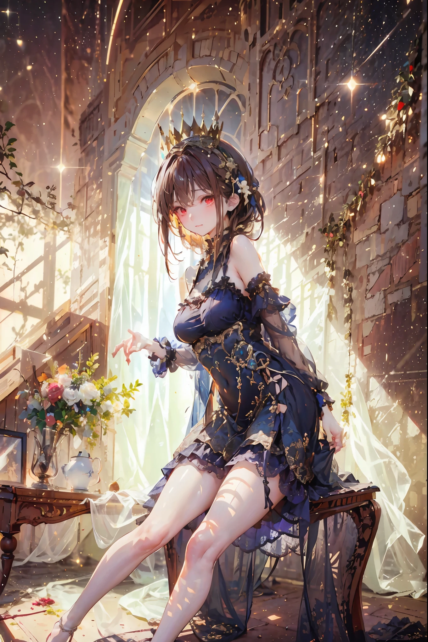 (((red eyes)))、(((Gold crown)))、night，A bewitching crimson eyed fairy with high quality red eyes and a sad expression、Sitting on a splendid chair in an abandoned castle、It looks like they are crossing their legs。luxurious crown，brown hair，shortcuts，unkempt hair，long skirt that comes off the shoulder straps，Short braided hair，Neat，slender beauty，correct posture，small breasted，Beautiful legs，Enchanting Gray-Blue Eyes Shine Like Stars，Saggy Eyes，Brilliant Colors,beautiful eyes,A delicate smile,Textured Skin,Best quality at its best,gentle and beautiful woman,anime style､darkness and moonlight shining in the background、there are multiple old portraits hanging that make you feel the passage of time。meteor、空から降り注ぐmeteor、無数のmeteor群、the color of determination floats in her mouth、a small flame shines thinly。detailed 4K rendering,Ultra High Definition,Photographic Realism,professional,Extremely colorful,bokeh