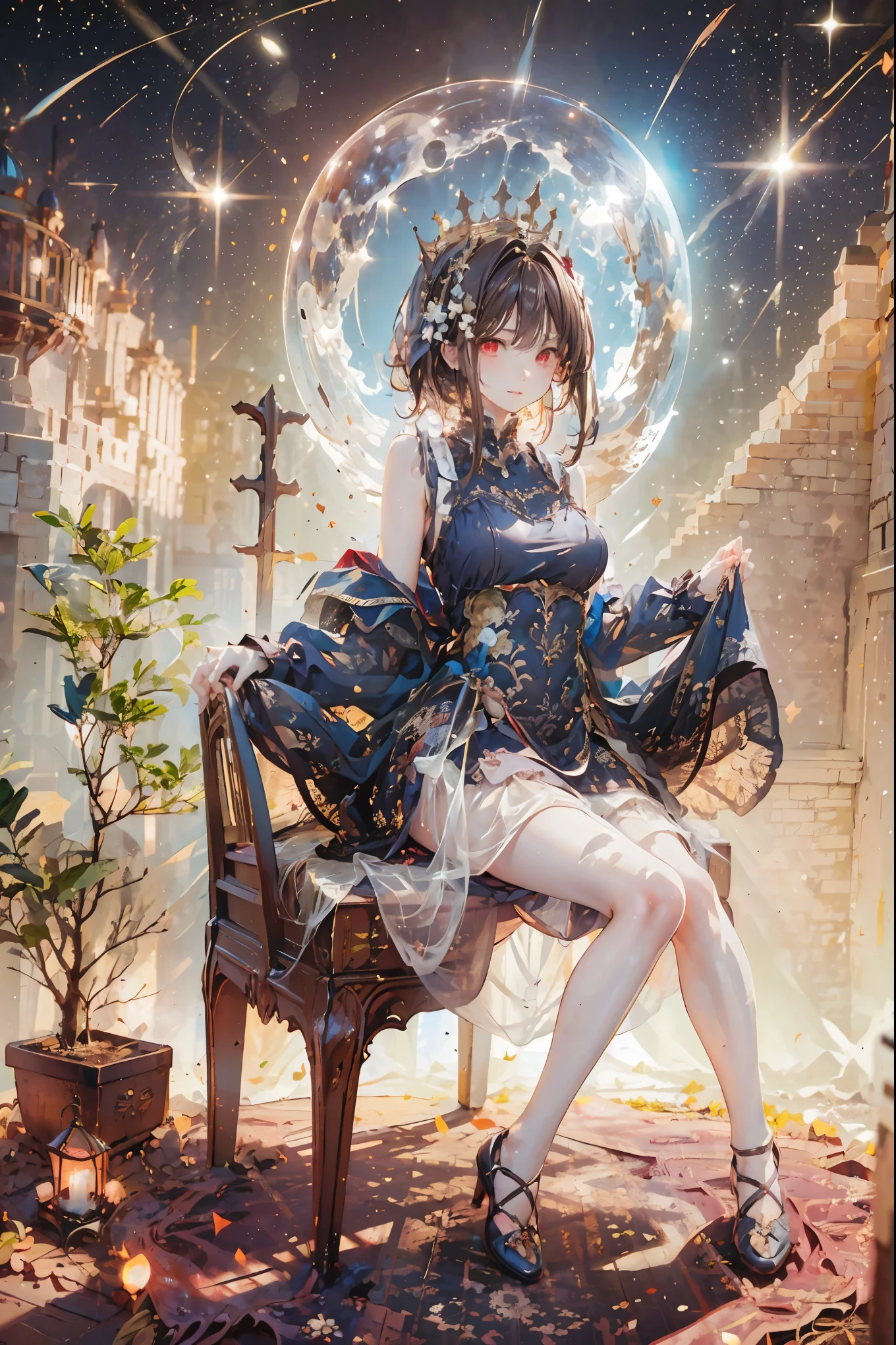 (((red eyes)))、(((Gold crown)))、night，A bewitching crimson eyed fairy with high quality red eyes and a sad expression、Sitting on a splendid chair in an abandoned castle、It looks like they are crossing their legs。luxurious crown，brown hair，shortcuts，unkempt hair，long skirt that comes off the shoulder straps，Short braided hair，Neat，slender beauty，correct posture，small breasted，Beautiful legs，Enchanting Gray-Blue Eyes Shine Like Stars，Saggy Eyes，Brilliant Colors,beautiful eyes,A delicate smile,Textured Skin,Best quality at its best,gentle and beautiful woman,anime style､darkness and moonlight shining in the background、there are multiple old portraits hanging that make you feel the passage of time。meteor、空から降り注ぐmeteor、無数のmeteor群、the color of determination floats in her mouth、a small flame shines thinly。detailed 4K rendering,Ultra High Definition,Photographic Realism,professional,Extremely colorful,bokeh