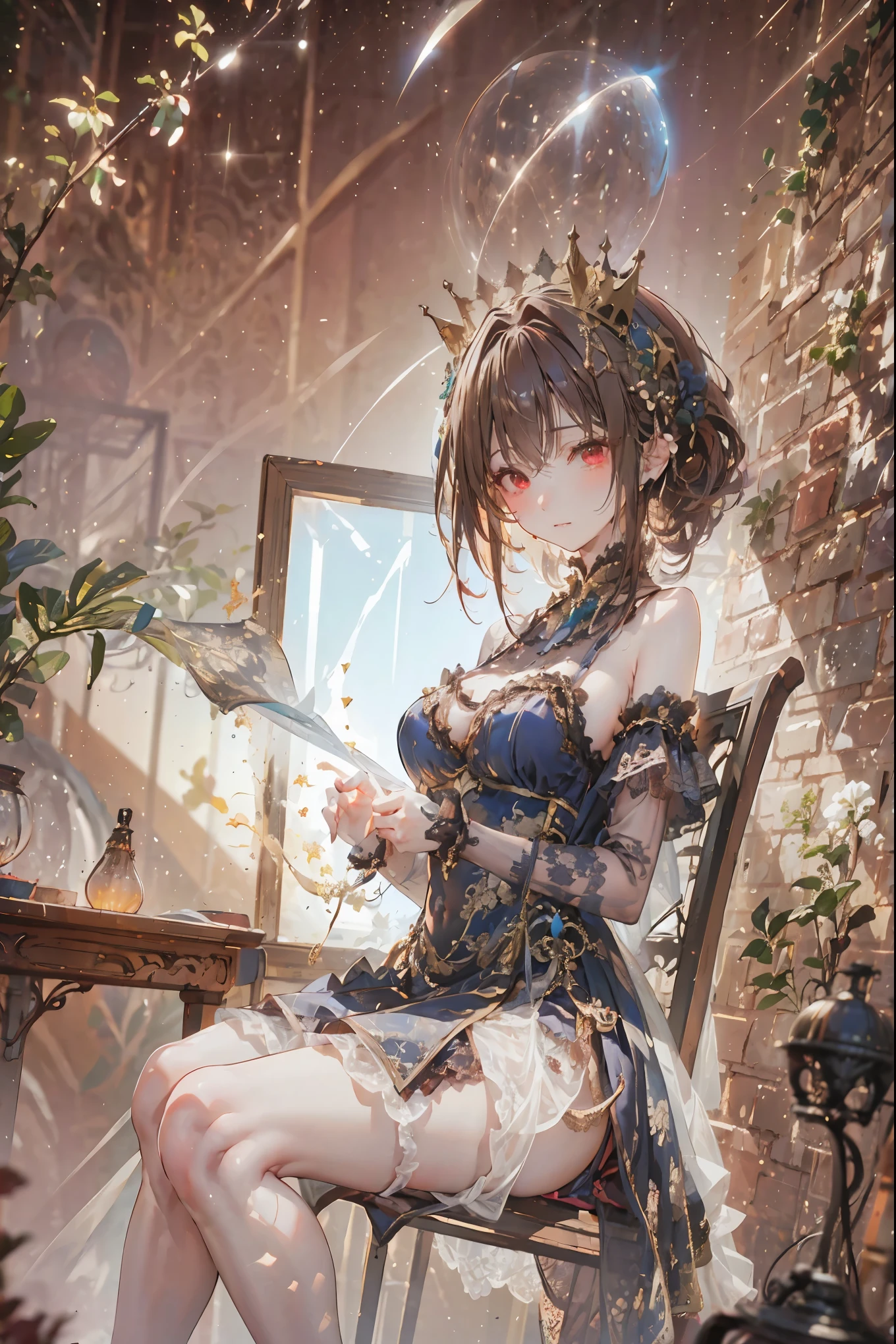 (((red eyes)))、(((Gold crown)))、night,A bewitching crimson eyed fairy with high quality red eyes and a sad expression、Sitting on a splendid chair in an abandoned castle、It looks like they are crossing their legs。luxurious crown,brown hair,shortcuts,unkempt hair,long skirt that comes off the shoulder straps,Short braided hair,Neat,slender beauty,correct posture,small breasted,Beautiful legs,Enchanting Gray-Blue Eyes Shine Like Stars,Saggy Eyes,Brilliant Colors,beautiful eyes,A delicate smile,Textured Skin,Best quality at its best,gentle and beautiful woman,anime style、darkness and moonlight shining in the background、there are multiple old portraits hanging that make you feel the passage of time。meteor、空から降り注ぐmeteor、無数のmeteor群、the color of determination floats in her mouth、a small flame shines thinly。detailed 4K rendering,Ultra High Definition,Photographic Realism,professional,Extremely colorful,bokeh