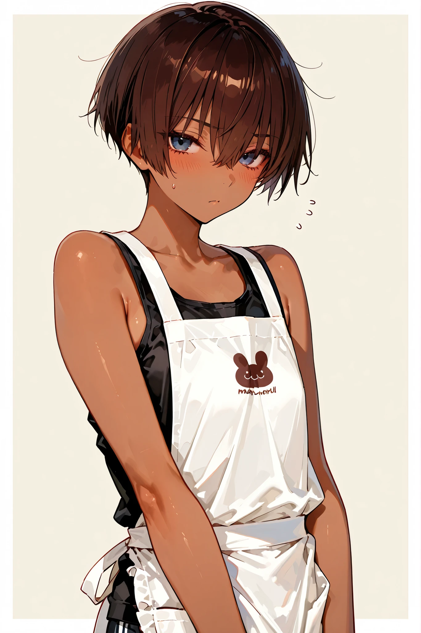 Brown skin。Petite。solo。Maru。black tank top with apron。plait。maleの子。boyish。male