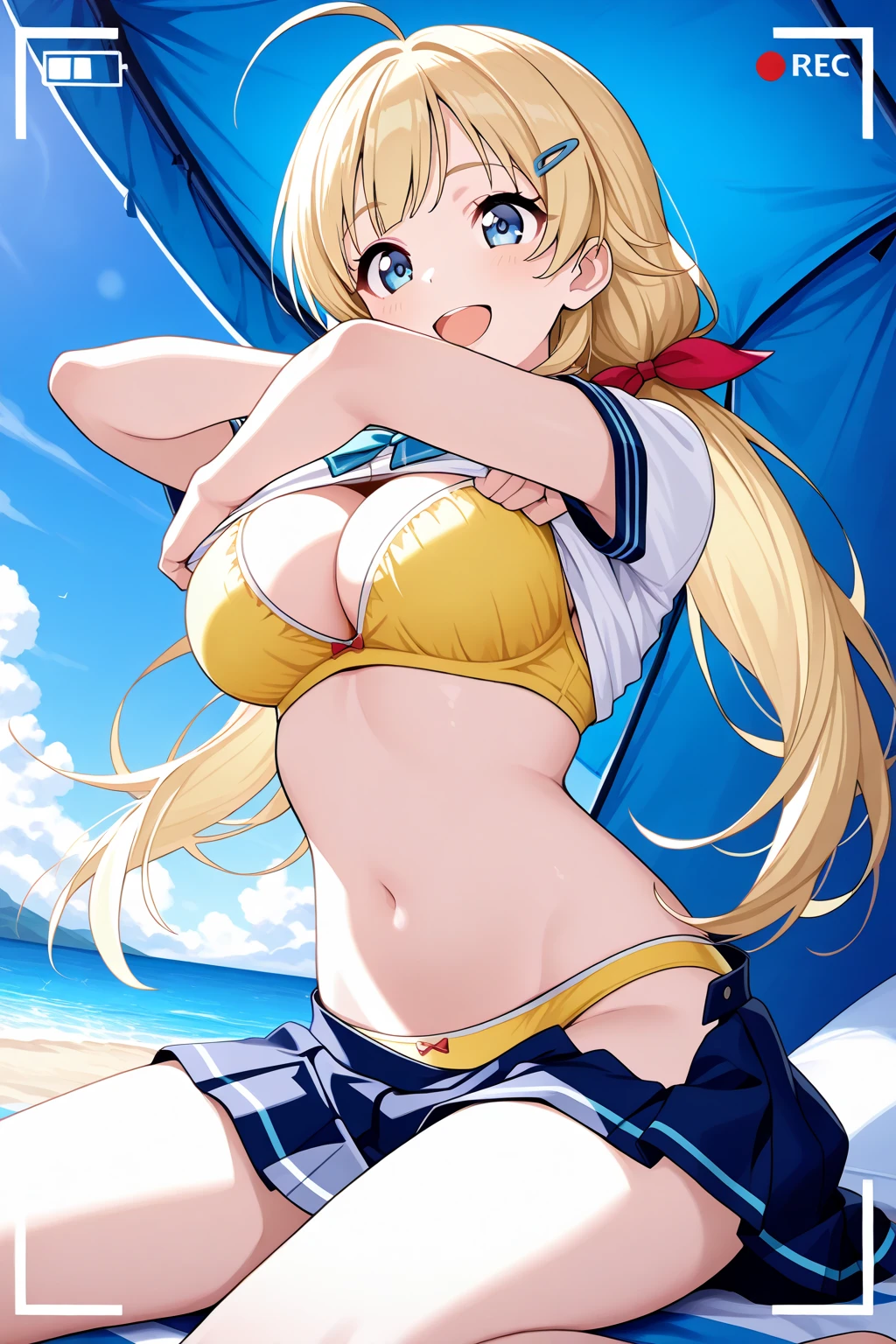 best quality, masterpiece, highres, solo, {colorado_kantaicollection:1.15}, blonde_hair, short_hair, braid, blue_eyes, side_braids, breasts, large_breasts, hat, headgear, garrison_cap, grey_headwear, necktie, blue_necktie, sleeveless, open_mouth, blush, capelet, 1girl, bikini, swimsuit, collarbone, cleavage, looking_at_viewer, blue_bikini, smile, upper_body, armpits, navel