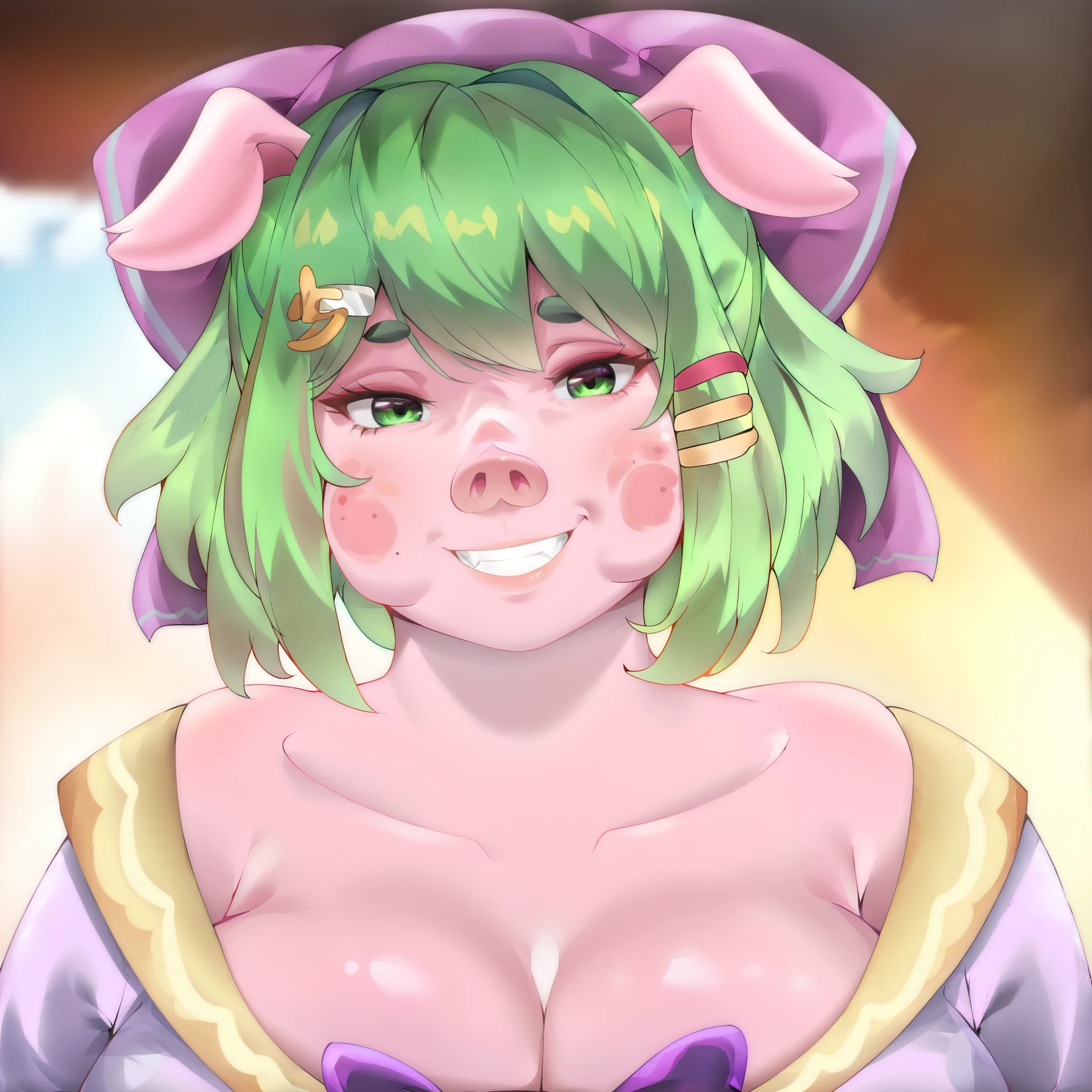 Masterpiece, best quality, high resolution, headshot, close-up, portrait, 1girl, best quality, ultra-detailed, (masterpiece, best quality:1.3), 1female, adult, anime, mature female, smile, age 30-40, curvy, milf, mother, `pig`, `high school pig girl`, solo, short green hair, green eyes, purple bow headdress, hair clips, purple and yellow sailor collar, dorky hair, `pinkish skin`, `cute pig ears`, chubby cheeks, Bow hair, Purple Bow, looking at viewer furry