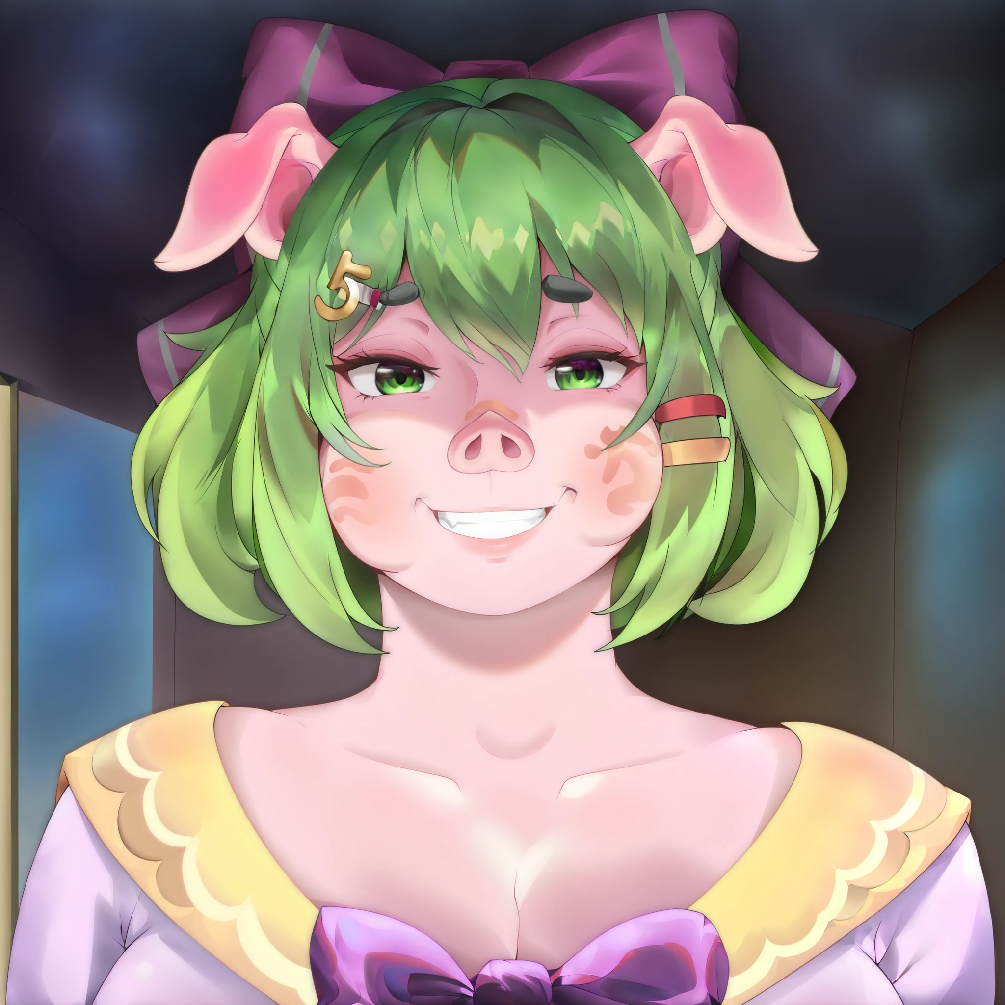 Masterpiece, best quality, high resolution, headshot, close-up, portrait, 1girl, best quality, ultra-detailed, (masterpiece, best quality:1.3), 1female, adult, anime, mature female, smile, age 30-40, curvy, milf, mother, `pig`, `high school pig girl`, solo, short green hair, green eyes, purple bow headdress, hair clips, purple and yellow sailor collar, dorky hair, `pinkish skin`, `cute pig ears`, chubby cheeks, Bow hair, Purple Bow, looking at viewer furry