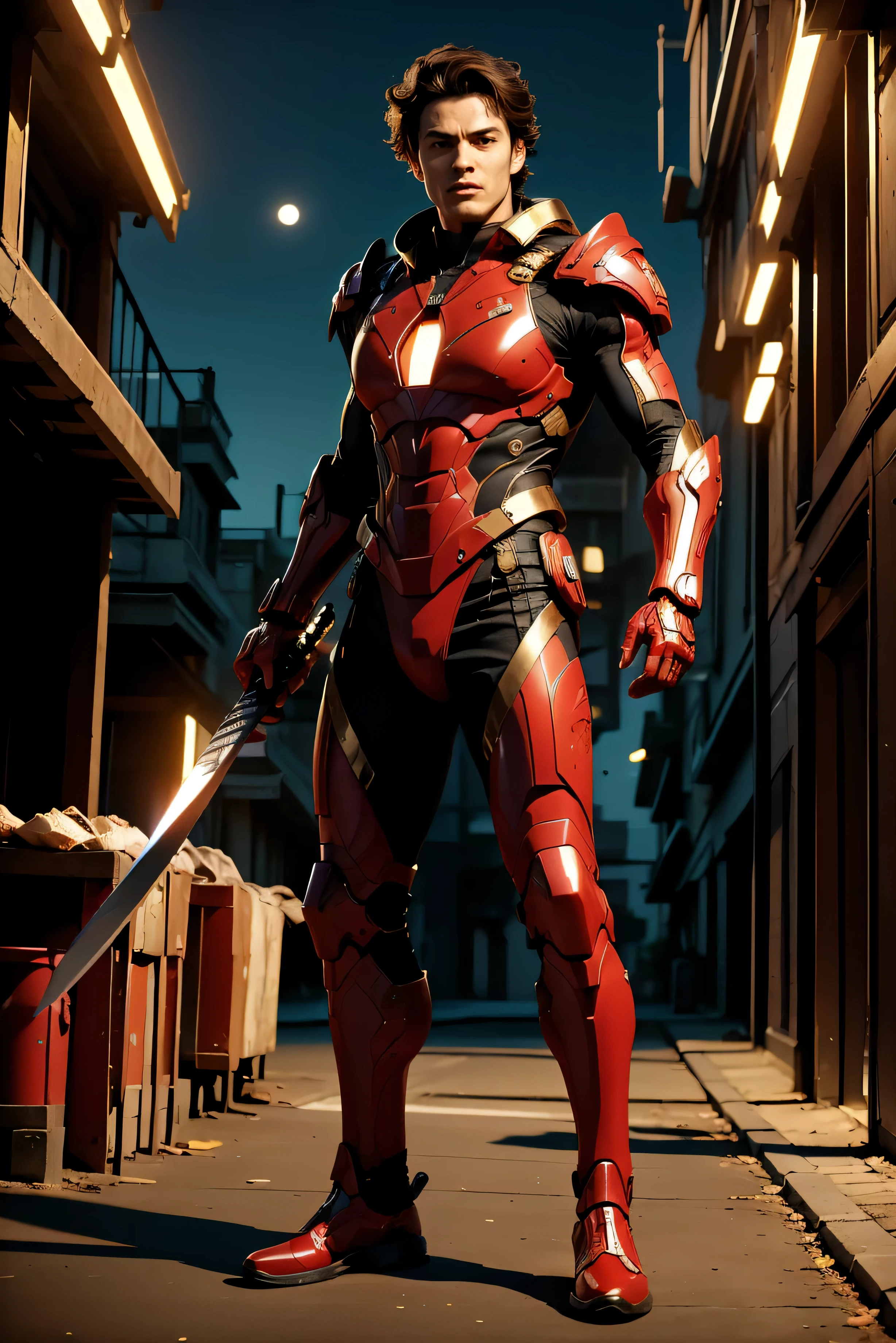 “Fantasy Scene. Anime Style. Futuristic city at Night. Red Full Moon. Full Body. An Olive-Toned, French, White, Adult “Male” Red Magic-Powered Superhero. He has Short, Messy, Curly, Brown hair. He has Golden-Brown eyes. He is wearing a Slim-fitting, futuristic Red and Gold Ninja outfit. Slim, Toned body. He is Confident, intimidating, and Charming. He is wielding a Katana with a glowing Red blade. Ready to Attack. Swirling, sparkling red magical energy surrounds him and the blade. Back Cat with yellow eyes is with him. Have the image be Highly Detailed. Have the face with Sharp, precise details, detailed eyes, 8K HD.”