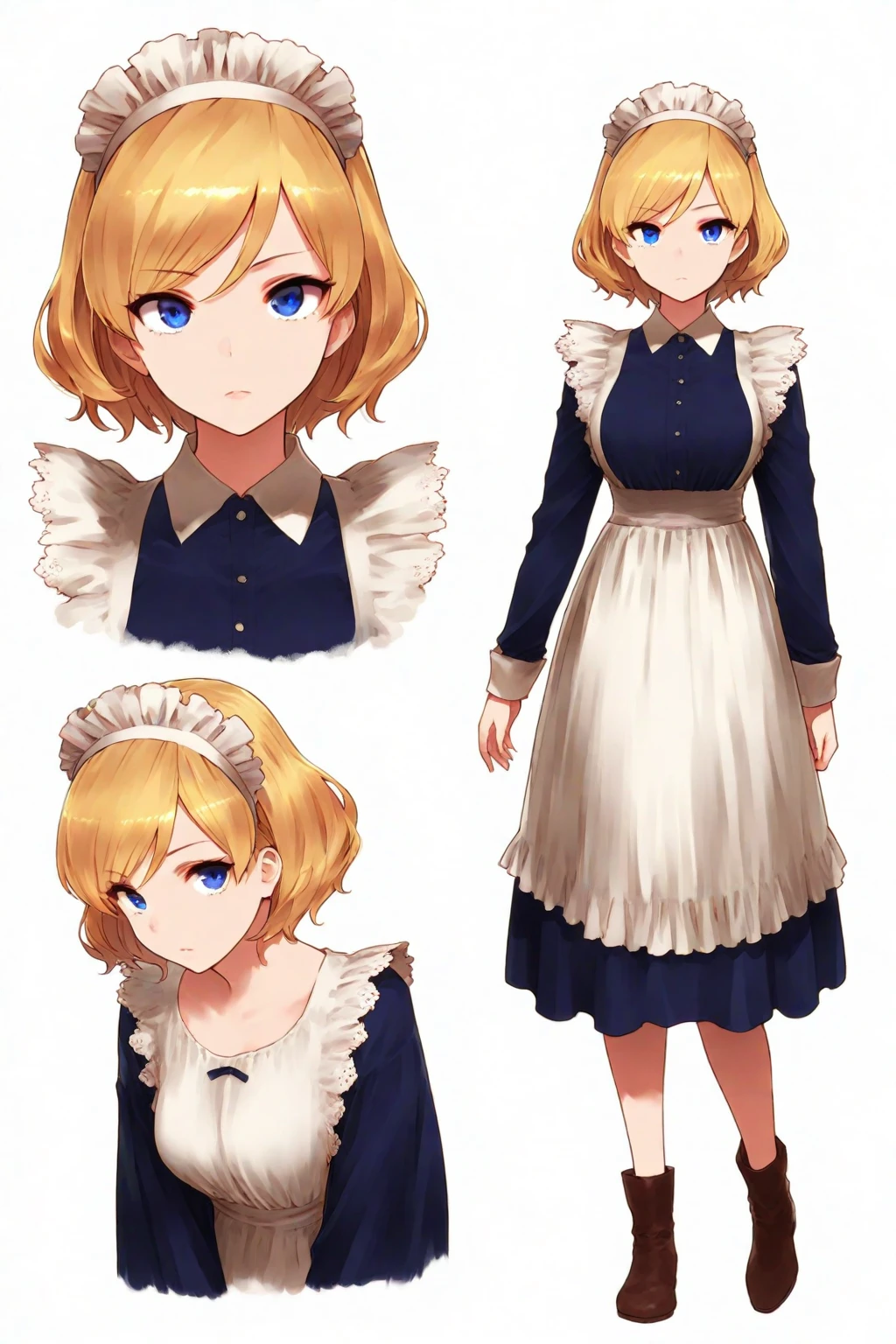 Anime girl with blonde hair and blue eyes in a blue dress,Artoria Pendragon, cloth banners, yu - no,Original character sheet, Pose reference, The same character drawn from a different angle, in 6 poses. 8k,high quality, High resolution, 4K, hd,(Well designed face), Great face, (Very detailed), Beautiful Eyes, All images must be full body, A total of 3 images are required, One person should come forward, Back and side view, Use manga style, All photos must be of the same girl, All sizes required