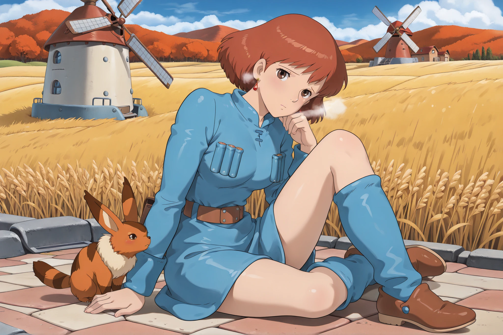  (Masterpiece, top quality, 8k, High quality anime, detailed and accurate anime poster, Studio Ghibli style, High sense Art ), Nausicaa, 1girl, adorable face, very kind face, she is sitting on field, top of the hill, look at viewer, mouth open a little, small animals flock together around her, beautiful marble wall, mysterious place, full of energy, hot breath close to the face, on cold day, relax time, taking a break, orange hair, short hair, ((elegant short bob cut)), dark brown eyes, beautiful clear eyes, double eyelids, Red Gemstone Earrings, beautiful breasts, beautiful legs, perfect body balance, perfect beauty, slender body, beautiful eyes, (look at audience), Valley of the Wind Scenery, Beautiful scenery in the valley, high mountian range in distance, Cturch, windmill, Wheat field, Cobblestone load, autumn leaf viewing, the wind blows through, 1girl, ((very cool Nausicaa)), ((Nausicaa is very elegant)), sad feelings, sentimentality, Ivory color tights, blue dress, chest bullet holder, long_sleeves, belt, blue leg warmer, felt shoes, 