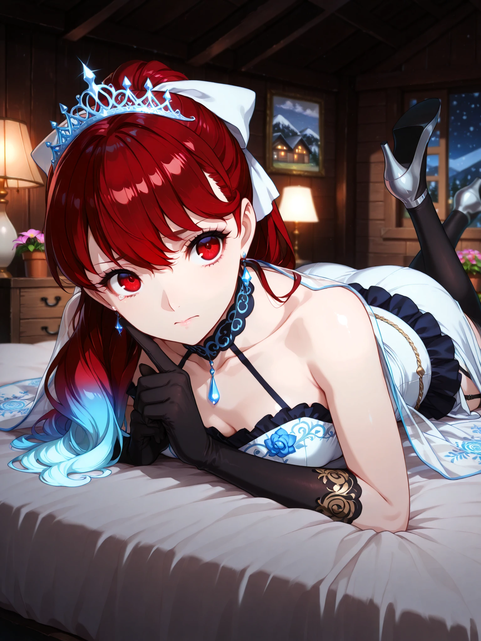 ((language: Japanese、English)、(Masterpiece), (Highest Quality), (High Score), (High Resolution),(4k),Uncensored,),

(Medieval Sweden、(winter)、(night)、(Snowstorm)、(Indoor)、1girl,,solo,),

(,(Mountain hut,,Old house, wooden house,flower pot, flower baskets,wooden window, wooden furniture,white bed,lamp),,,(Wall painting, Western castle painting),,,(Anatomically accurate structure),),

((,BREAK,(game cg),(beautiful hair,Extremely delicate hair rendering,hairdetailer:1.5),(ultra-detailed face:1.4),[(depth of field, shallow depth of field, background gradually blurred, sharp focus on character),:1.4)][(spotlighting:1.3)],))

((mature woman,,BREAK,p5yoshizawa, long hair, red hair, bangs,red eye, ponytail, white hair bow,big bow,Glass Tiara,red hair, [(gradient hair from dark red to red:1.4)0.6],princess line dress,white dress,voluminous skirt, fitted waist, fairytale style,Collarbone,(gold embroidery,light blue embroidery),luxurious dress, bare shoulders, bridal gloves, black gloves,Glass High Heels,(White transparent cape),(small breasts),),(black garter straps),(black Thigh-high socks),((cry),(tears),)Lying on the bed,(on stomach:1.5)(finger to cheek:1),(crossed legs,:1),(twisted torso:1.2),（lying face down and relaxing pose）、[looking away:],[face forcus:],[cowboy shot:],[from front:1.5],[straight-on shot:1.5],),

(),
(detailed eyes,anime eyes,high detail eyes,anime eyes)
(Night, middnight),
