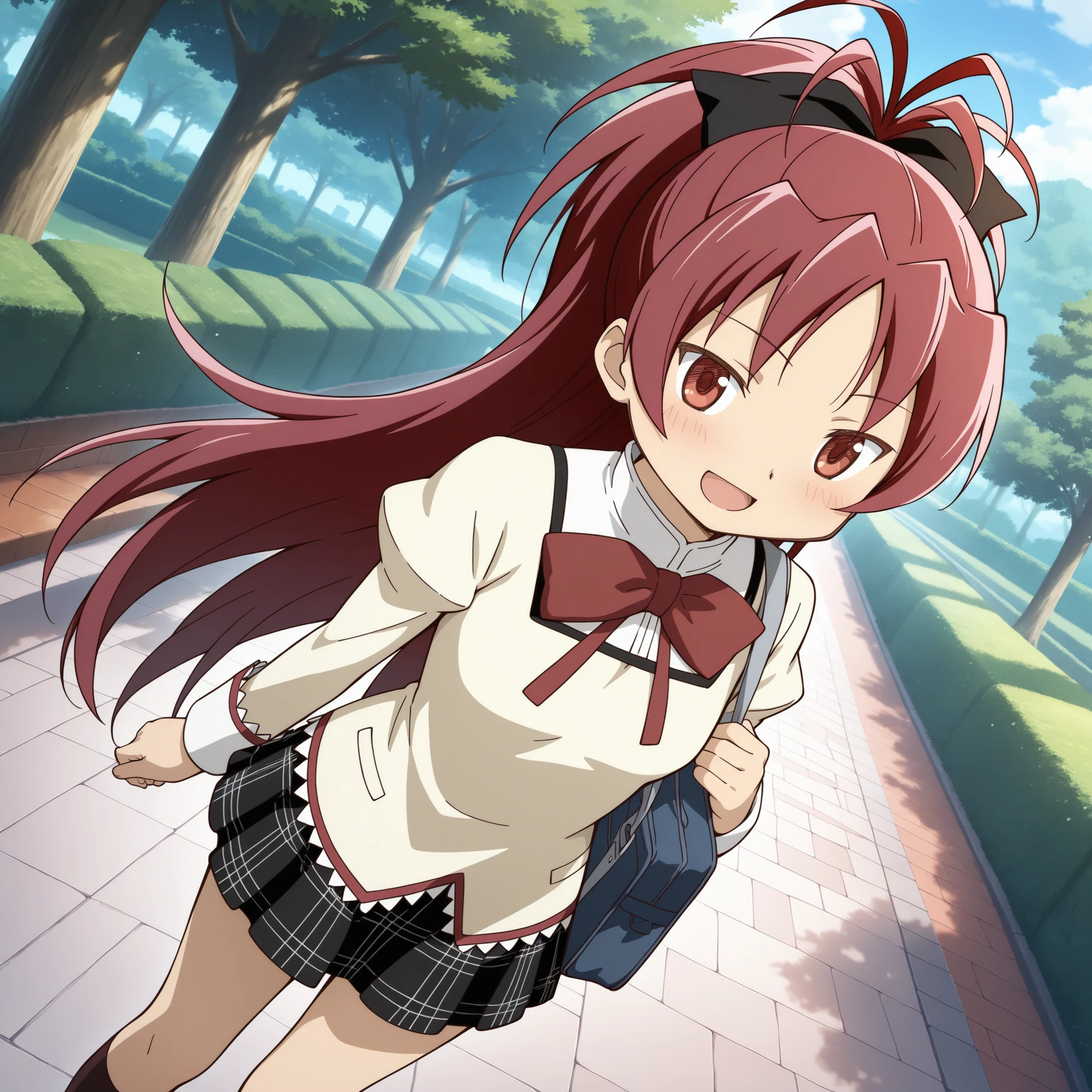 absurdres, highres, masterpiece, best quality, amazing quality, anime style, anime capture, anime screen, 1girl, solo, mahou shoujo madoka magica, sakura kyoko, red eyes, red hair, ponytail, long hair, hair bow, mitakihara school uniform, collared shirt, red bow, juliet sleeves, plaid skirt, kyoko_black kneehighs, brown footwear, school bag on shoulder, blush, smile, open mouth, looking at viewer, dutch angle, outdoors, park