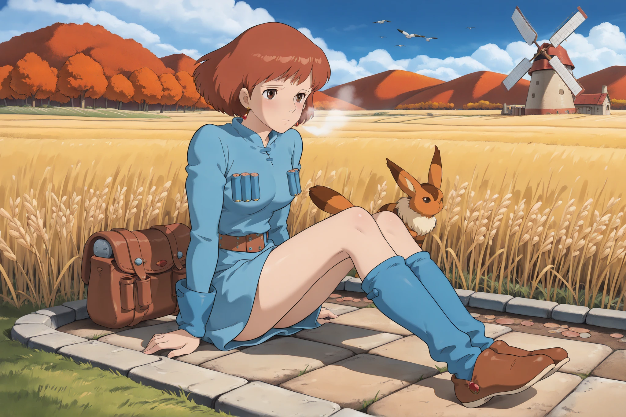  (Masterpiece, top quality, 8k, High quality anime, detailed and accurate anime poster, Studio Ghibli style, High sense Art ), Nausicaa, 1girl, adorable face, very kind face, she is sitting on field, top of the hill, look at viewer, mouth open a little, small animals flock together around her, beautiful marble wall, mysterious place, full of energy, hot breath close to the face, on cold day, relax time, taking a break, orange hair, short hair, ((elegant short bob cut)), dark brown eyes, beautiful clear eyes, double eyelids, Red Gemstone Earrings, beautiful breasts, beautiful legs, perfect body balance, perfect beauty, slender body, beautiful eyes, (look at audience), Valley of the Wind Scenery, Beautiful scenery in the valley, high mountian range in distance, Cturch, windmill, Wheat field, Cobblestone load, autumn leaf viewing, the wind blows through, 1girl, ((very cool Nausicaa)), ((Nausicaa is very elegant)), sad feelings, sentimentality, Ivory color tights, blue dress, chest bullet holder, long_sleeves, belt, blue leg warmer, felt shoes, female sitting on field,