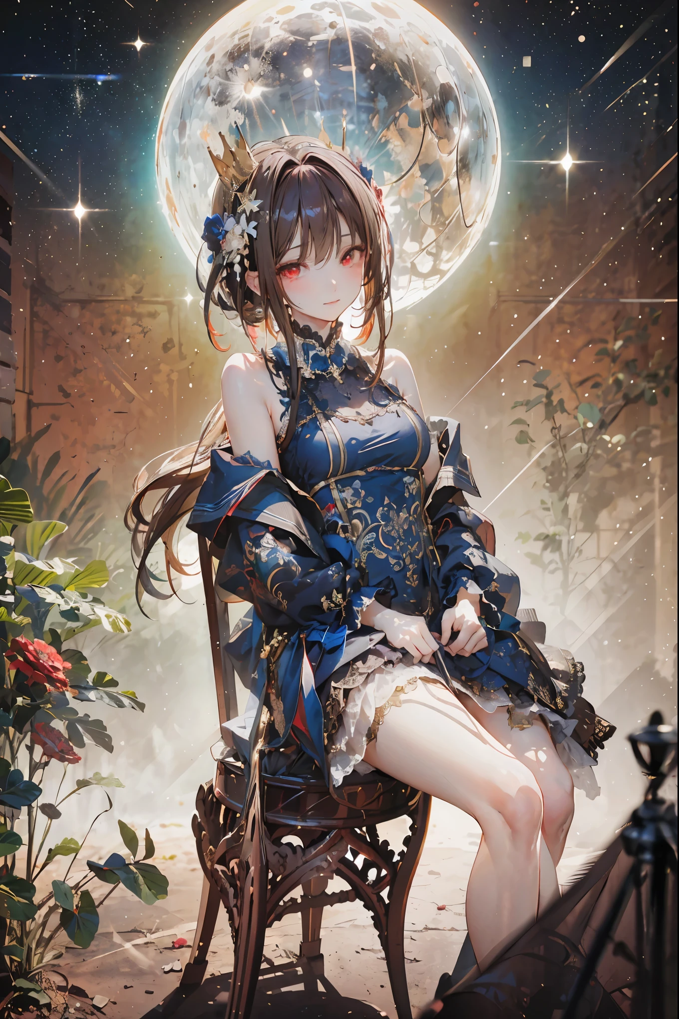 (((red eyes)))、(((Gold crown)))、night，A bewitching crimson eyed fairy with high quality red eyes and a sad expression、Sitting on a splendid chair in an abandoned castle、It looks like they are crossing their legs。luxurious crown，brown hair，shortcuts，unkempt hair，long skirt that comes off the shoulder straps，Short braided hair，Neat，slender beauty，correct posture，small breasted，Beautiful legs，Enchanting Gray-Blue Eyes Shine Like Stars，Saggy Eyes，Brilliant Colors,beautiful eyes,A delicate smile,Textured Skin,Best quality at its best,gentle and beautiful woman,anime style､darkness and moonlight shining in the background、there are multiple old portraits hanging that make you feel the passage of time。meteor、空から降り注ぐmeteor、無数のmeteor群、the color of determination floats in her mouth、a small flame shines thinly。detailed 4K rendering,Ultra High Definition,Photographic Realism,professional,Extremely colorful,bokeh