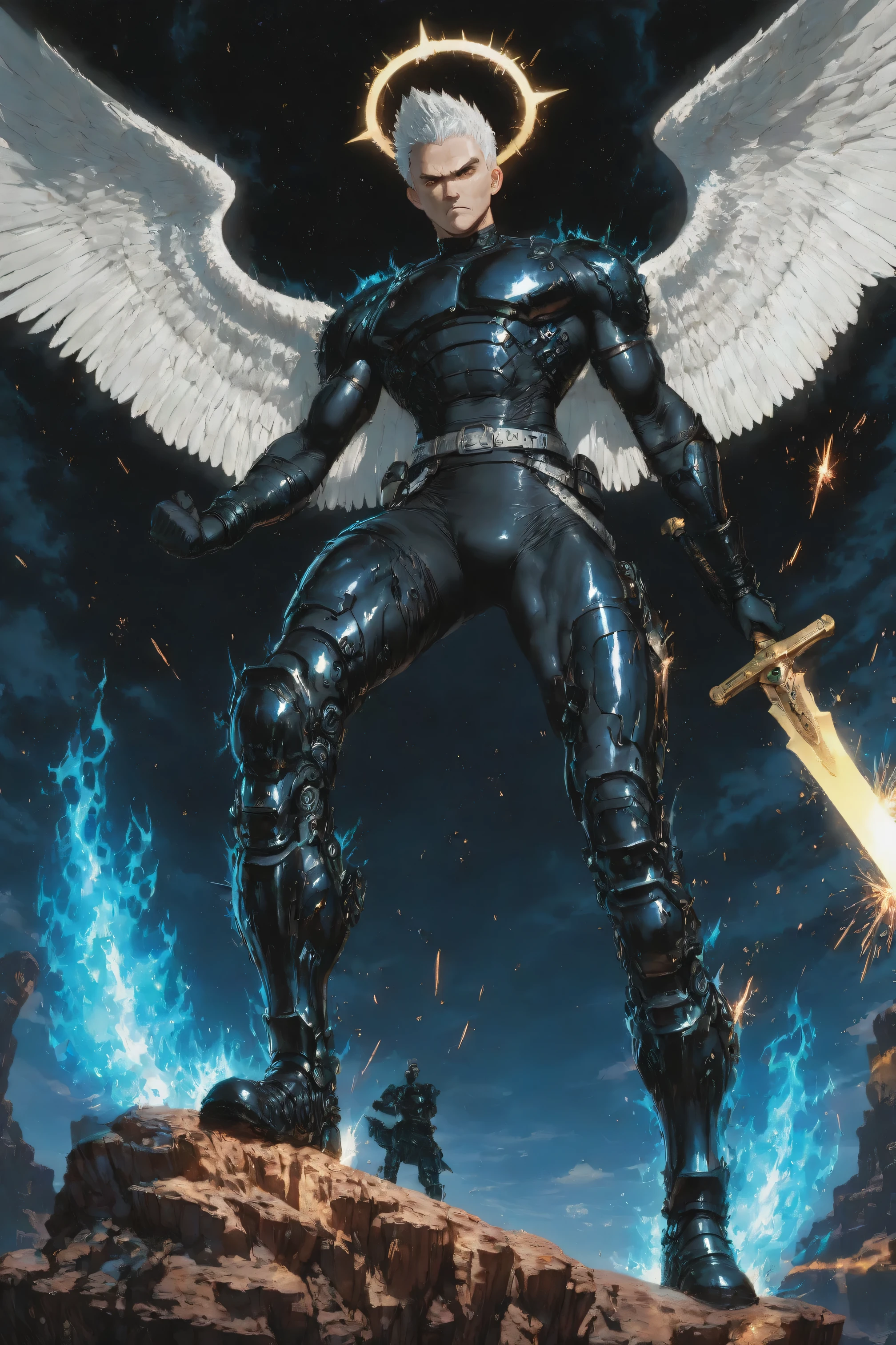 1man, fallen angel, soldier looking down at viewer, standing on a cliff,shiny amber eyes, short white spiked hair, very short hair, no bangs,looking angry, in left hand holding a golden sword, charging blue energy in his right fist, he has a skintight carbon muscular body armor, big silver belt, carbon armored legs, black armored boots, golden halo above head, big spreaded big white wings, blue fire Aura around his body, cosmic backround, view from below,fire, sparks,newanimecore, depth_in_field, dynamic pose, dynamic view, action, multiple swords around him