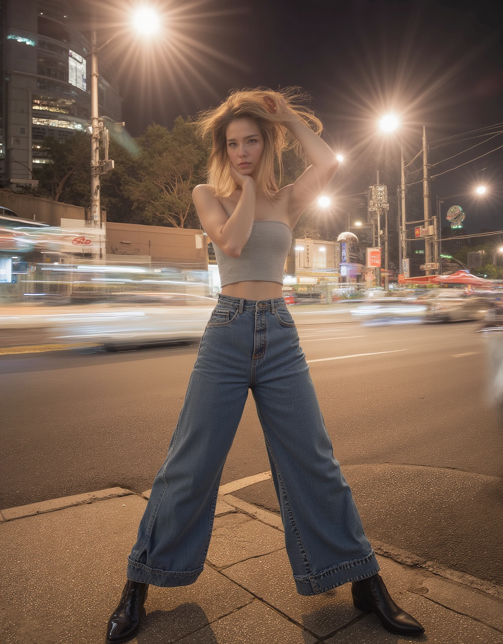 A cinematic photography of a young and beautiful China sensual supermodel Liu Wen stands still confidently with a dynamic pose on a sidewalk of busy urban street of Tokyo in the morning. Liu Wen is a young and sensual Chinese supermodel with very beautiful thin face, very pointy nose, perfect detailed eyes, and a very slender body with pale white skin. Her attire includes a strapless tight cropped-top that covers her very very huge round breasts with very tight cleavage and highlights her toned midriff, paired with oversized baggy denim pants that sagging so much and showing clearly her see-through string thong panties, creating a sensual drape. Her posture is slightly tilted, with both of her arms raised and rubs her hair while her legs are spreading wide open, conveying a sense of confidence, avant-garde and poise. Her long, blonde hair, stylized with bang, flows freely, cascading down her back and bare naked shoulders. Liu Wen is wearing sleek, pointed-toe black boots that peek from beneath her wide-legged jeans, adding an edgy finishing touch to her modern, sensual, fashion-forward look. Behind her, a bustling highway stretches into the distance, illuminated by the warm glow of morning sun lights that reflect off the smooth asphalt. The long exposure create a lot of blurry trail lines of high-speed cars that suggest a dynamic sense of movement as they streak towards the horizon, forming lines of variable intensity and color. The lighting is soft, focusing on Liu Wen and emphasizing the deep blue hues of her blueish attire, creating a calm, sophisticated atmosphere. The photo is inspired by the photography works of Guy Bourdin and Patrick Demarchelier. The photo is captured in a very sharp focus with Hasselblad camera, completed with Kodak Gold film color to emulate the sunlit vibrant color palette.