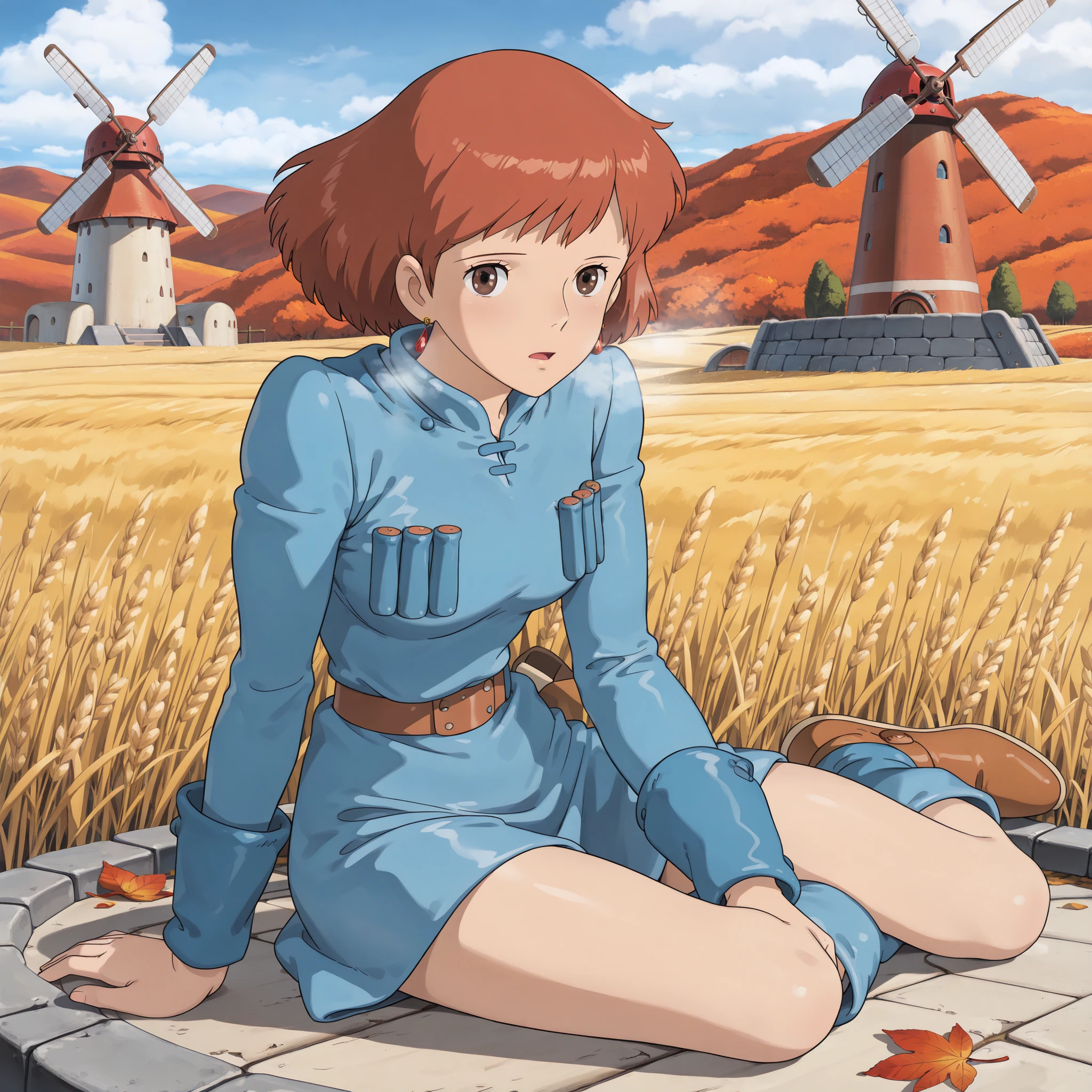 (Masterpiece, top quality, 8k, High quality anime, detailed and accurate anime poster, Studio Ghibli style, High sense Art ), Nausicaa, 1girl, very adorable, she is sitting on field, top of the hill, look at viewer, mouth open a little, beautiful marble wall, mysterious place, full of energy, hot breath close to the face, on cold day, relax time, taking a break, orange hair, short hair, ((elegant short bob cut)), dark brown eyes, beautiful clear eyes, double eyelids, Red Gemstone Earrings, beautiful breasts, beautiful legs, perfect body balance, perfect beauty, slender body, beautiful eyes, (look at audience), Valley of the Wind Scenery, Beautiful scenery in the valley, high mountian range in distance, Cturch, windmill, Wheat field, Cobblestone load, autumn leaf viewing, the wind blows through, 1girl, ((very cool Nausicaa)), ((Nausicaa is very elegant)), very sweet face, Ivory color tights, blue dress, chest bullet holder, long_sleeves, belt, blue leg warmer, felt shoes, female sitting on field,