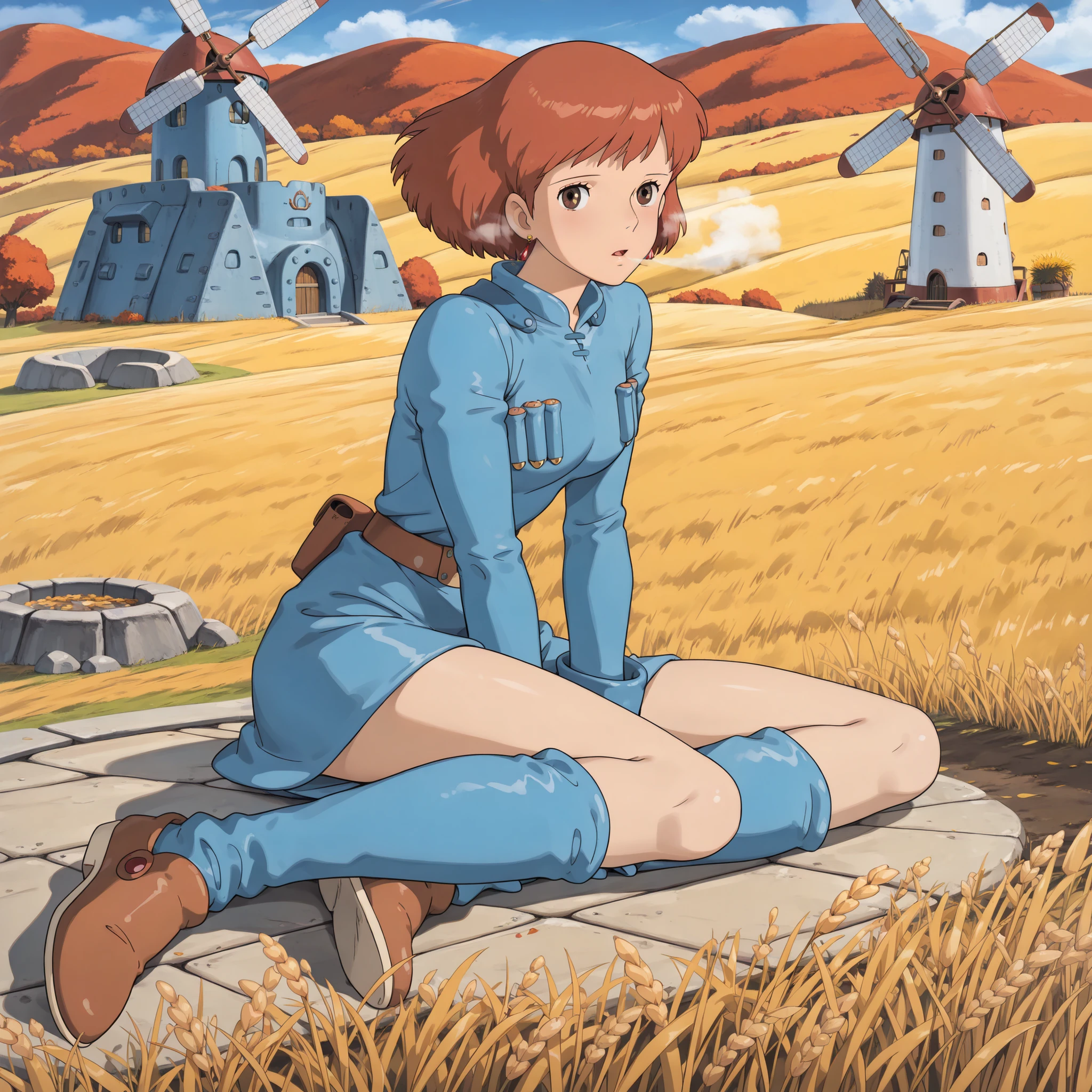 (Masterpiece, top quality, 8k, High quality anime, detailed and accurate anime poster, Studio Ghibli style, High sense Art ), Nausicaa, 1girl, very adorable, she is sitting on field, top of the hill, look at viewer, mouth open a little, beautiful marble wall, mysterious place, full of energy, hot breath close to the face, on cold day, relax time, taking a break, orange hair, short hair, ((elegant short bob cut)), dark brown eyes, beautiful clear eyes, double eyelids, Red Gemstone Earrings, beautiful breasts, beautiful legs, perfect body balance, perfect beauty, slender body, beautiful eyes, (look at audience), Valley of the Wind Scenery, Beautiful scenery in the valley, high mountian range in distance, Cturch, windmill, Wheat field, Cobblestone load, autumn leaf viewing, the wind blows through, 1girl, ((very cool Nausicaa)), ((Nausicaa is very elegant)), very sweet face, Ivory color tights, blue dress, chest bullet holder, long_sleeves, belt, blue leg warmer, felt shoes, female sitting on field,