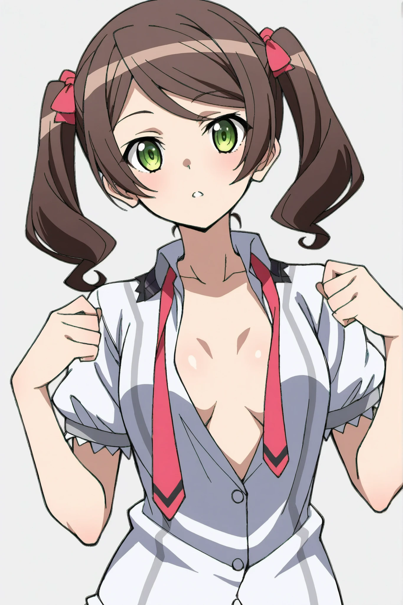 五本の指、score_9, score_8_up, score_7_up,(( solo:1.3)),itaba, Dark brown hair,twintails,green_eyes , bow,school_uniform, shirt, short_sleeves,open shirt,半裸、ブラジャー、パンティー、着替え、ロッカールーム、立ちポーズ、決めポーズ、シンプルな背景