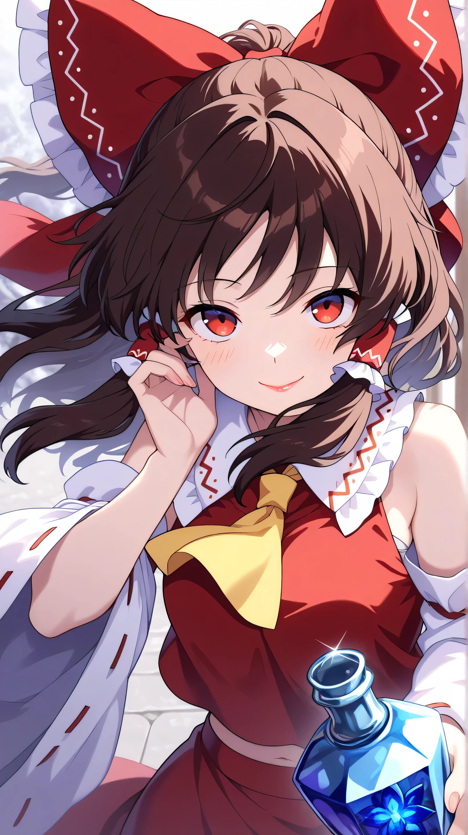 masterpiece、Highest quality、high definition 、newest 、Touhou Project,Reimu,Reimu、hair dances in the wind 、  dynamic perspective、 smile、I'm wearing lipstick、Look to the front of、Composition centered on a girl's face、She is looking at you、glass bottle with a beautiful flower engraving、holding a bottle in my hand、Composition showing the whole body