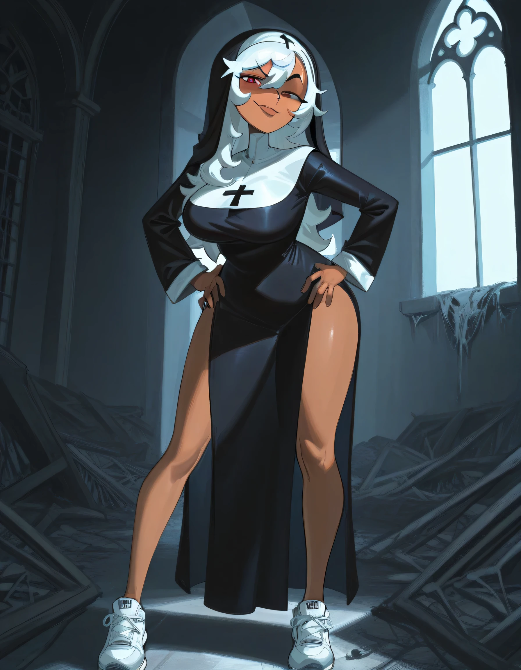 masterpiece, ultra-HD, impressionism, high detail, best quality, very aesthetic, 8k, best quality, beautiful, tmchng, 1 woman , brown skin , white long hair, red eyes, hair cover one eye , hands on hips , mischievous face , black nun costume , large breasts , leg slit dress , long legs , sneakers , abandoned church