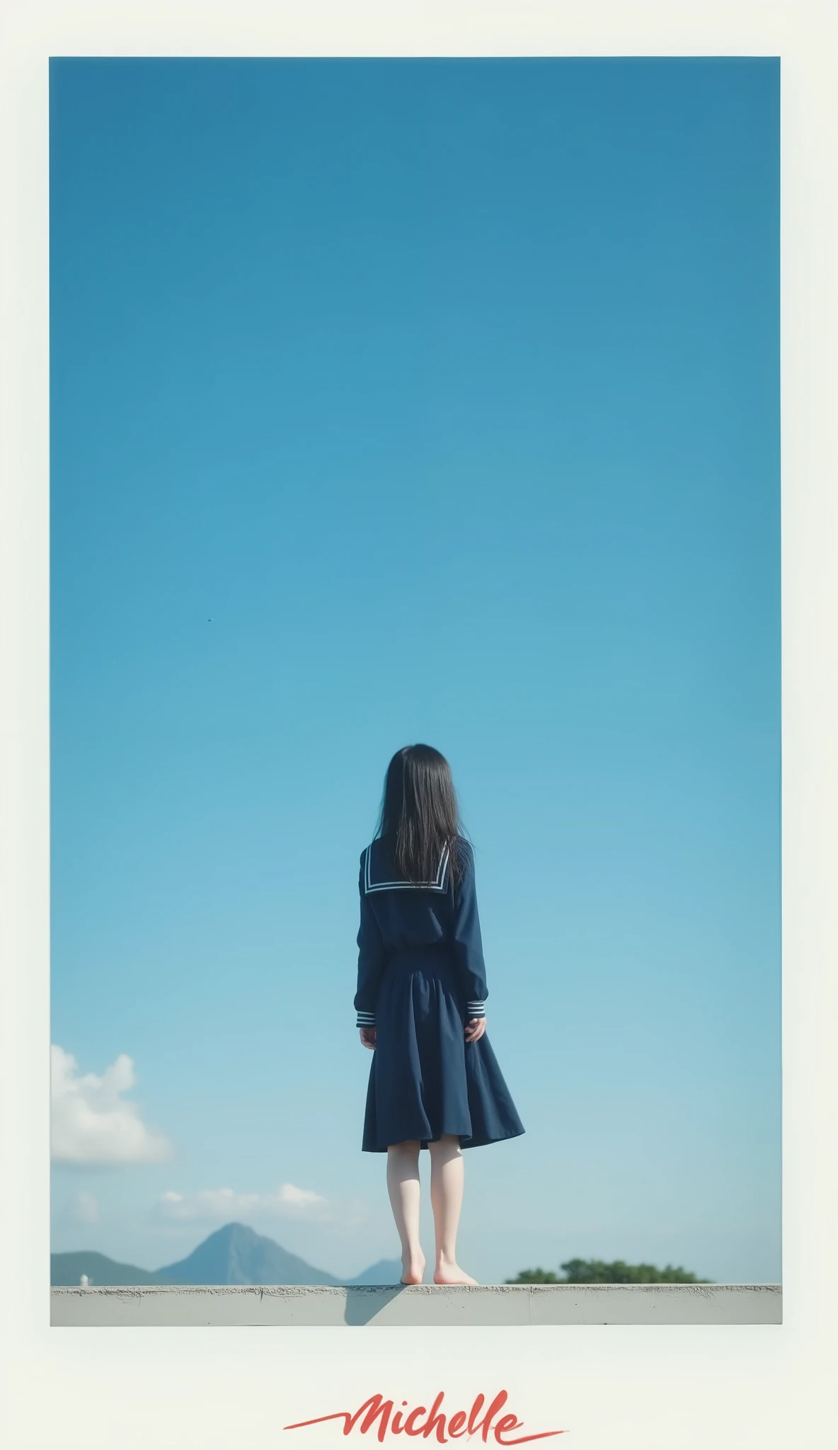 (overlay: Polaroid frame borders, extreme long shot, from below, side view, clear blue sky spread out, on edge of an empty school rooftop, Scrawny petite delicate thin 13yo neat girl in neat navy sailor school uniform with black long straight hair, she is looking up at the clear blue sky nostalgically with her tears, she has sandwich basket, bare foot, no makeup, stunning light expression, signature "michelle" is subtly placed in the bottom left corner in red small calligraphy style text, hyper photorealism, Biologically correct images, innocence, neat and clean, Highest resolution, masterpiece),
(super delicate Scrawny super skinny anorexic pretty petite thin 13yo girl:16, extremely thin, skinny super small babyface as pretty petite 12yo girl:16, extremely skinny anorexic bony pretty petite body as super delicate pretty petite 12yo thin girl, big round eyes, Beautiful contours, no moles, fairy pale thin skin, very delicate and very narrow shoulders as thin 11yo pretty petite girl, super skinny 11yo girlish thin thighs, skinny 11yo girlish small ass, super skinny 11yo pretty petite girlish lower abdomen),