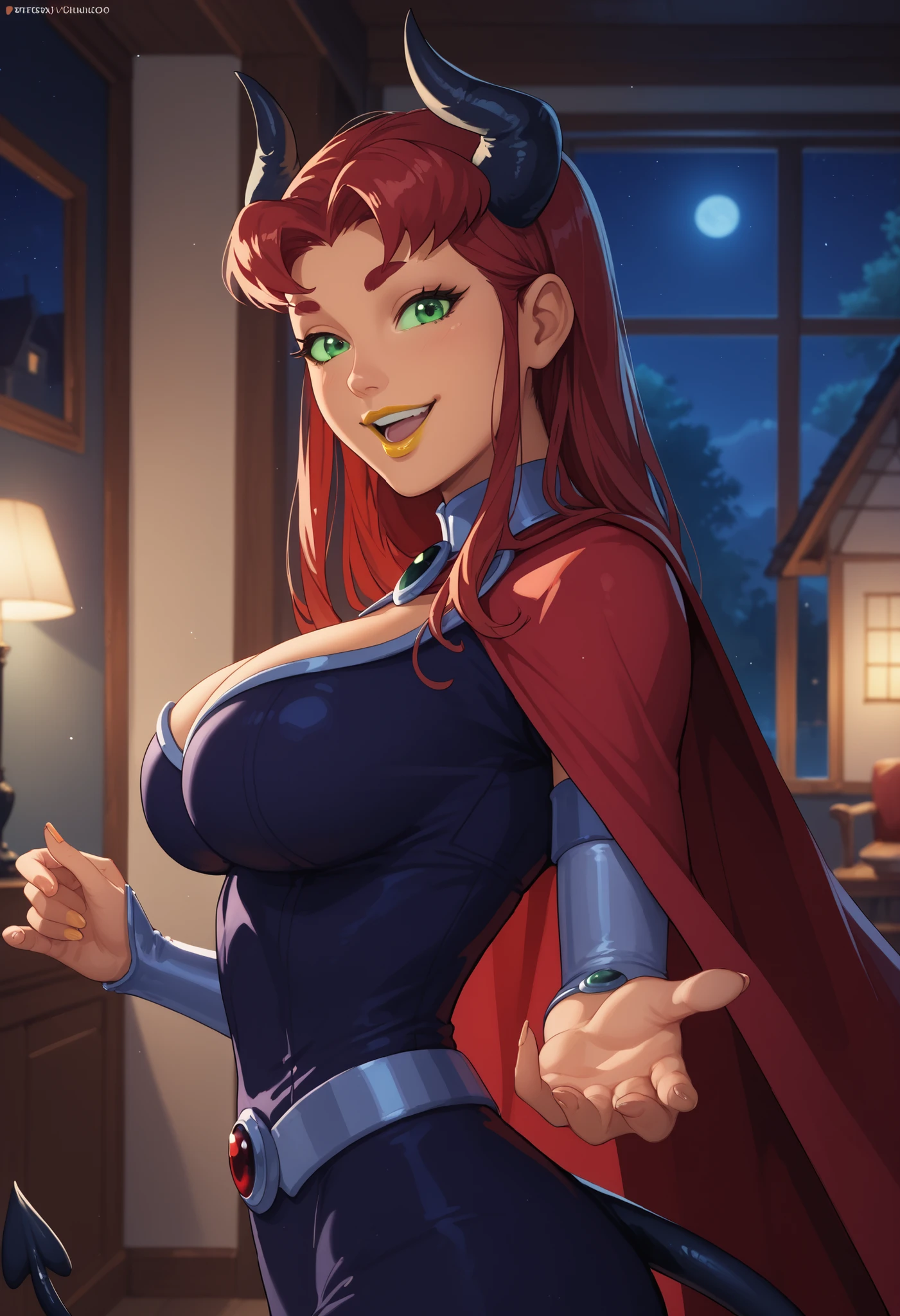 woman, big breasts, anime style, yellow lipstick, orange skin, red hair, looking at the viewer, inside a house, focus on the character, cheerful look, happy, night, incredible lighting, dark environment, side view, open arms, green eyes, red demon horns, black outfit, sensual smile, thin waist, night, red cape, demon tail, red blouse, costume demônio, Starfire, costume Monster girl, yellow lipstick