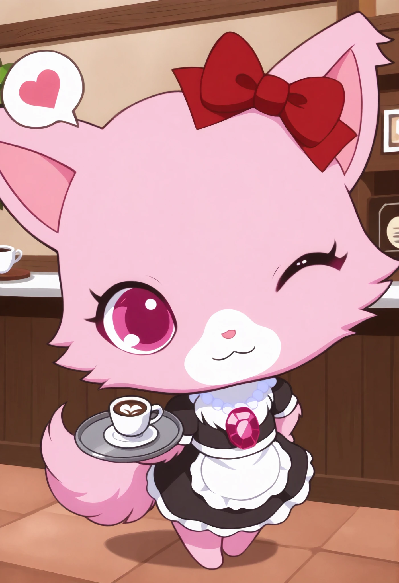 best quality, masterpiece, garnetjp, furry, no humans, jewelry, bow, solo, :3, necklace, white muzzle, hair bow, tail, chest fur, pink eyes, pink fur, chibi, looking at viewer, maid, maid outfit, tray, spoken heart, wink, cafe, coffee