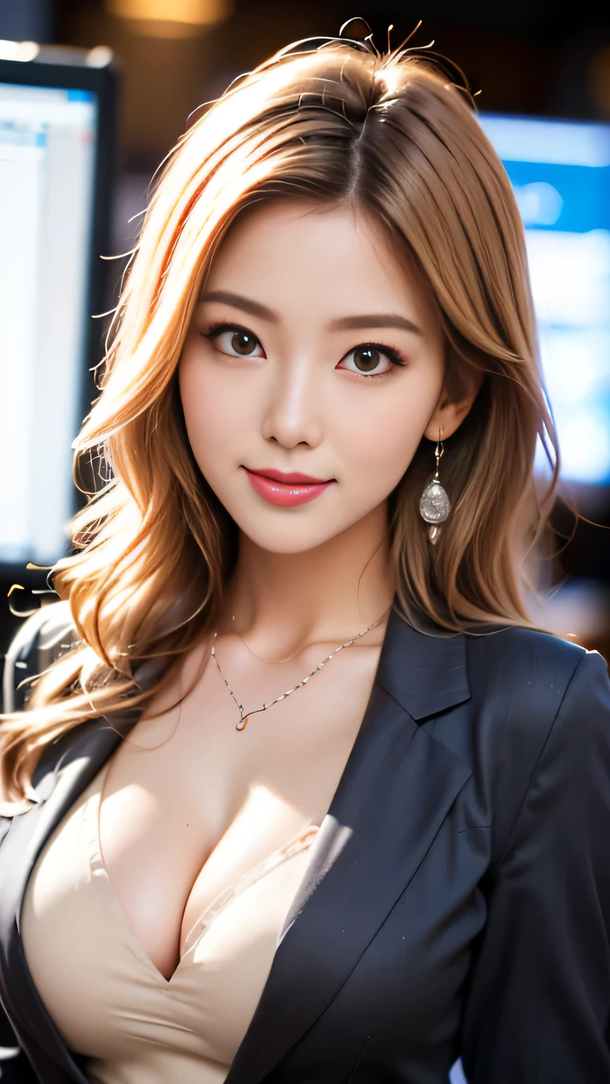 tmasterpiece，Highest image quality，super detailing，Enchanted smile，amazing face and eyes, Cosmetics for a refined and beautiful face, (The best look), deep understanding，????? ??????? are of the best quality:1.4), (ultra - detailed), (Extremely detailed CG-8k wallpaper), The content  very detailed, RAW photogr, professional photoshooting, ((buisness suit)),Indoor and below, (Office room, Dark Office, rays of moonlight), (nigh sky), depth of fields,face flushed，raised eyebrow，Very shy，Blonde female secretary，looking at viewert，Dreamcatcher earrings，epic，concept-art，upturned，Beautiful and beautiful，blacksilk，