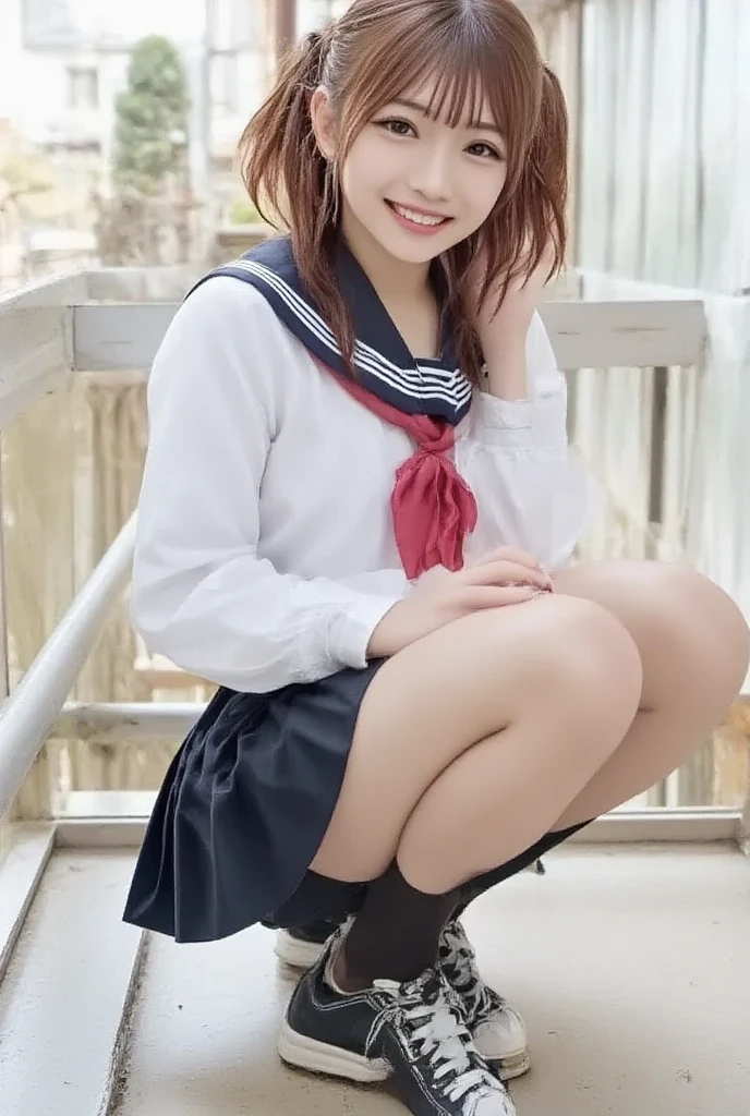(very long hair:1.3),( panties:1.3),(white panties:1.2),(realistic silk panties:1.3),(double eyelids:1.3),(long eyelashes:1.3),Japanese school uniform,(white panties:1.3),(Looking directly at Viewer:1.3),(bigsmile:1.2)32K, masterpiece, Raw photo, Best Quality, Photorealistic, Highly detailed CG Unity 32K wallpaper,(Extremely beautiful face, Beautiful lips, Beautiful eyes), intricate detailed face, ((Ultra detailed skin)) 1girl in, Cutest Pretty Japanese girl, Super Idol, 1 girl,(Happy smile), Clear eyes, (pale skin), (Big eyes:1.2), (Brown hairs), thick thighs, ,balanced elegant face, drooping eyes