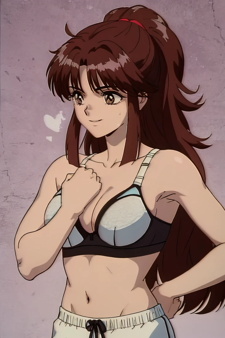 Best Quality, hires, curvy midsection, solo, 1 girl, strong woman, female wrestler, smile, happy), (detailed titration screen, upper body only, anime style: 1.8, anime drawing, ultra detailed face, ultra detailed body, 4k, Sumergai Lee Noriega, (standing), best quality, anime style, hires, highest definition, digital blending, bold drawing lines, ((wwe diva), ((location: wrestling arena, crowds watching)), ( pro female wrestler, long attractive belly, slim body, (strong arm muscles), broad shoulders , off-shoulders, closed fists, (very curvy: 2.8)), ((elegant red  , shorts, white gloves, collar, arm band, (champion belt))), (pale skin, , closed mouth), (big eyes, brown eyes, shiny eyes), (), (reddish hair, loose hair, curly hair, wavy hair, long hair, missy hair), 27 years old