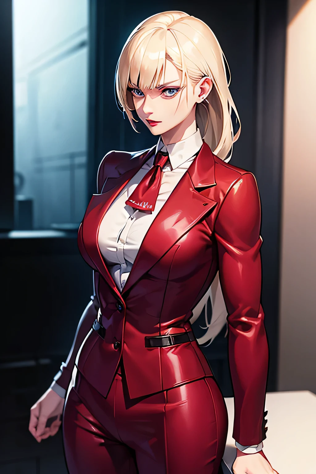 anime style, upper body portrait, 42-year-old elegant American female detective, platinum blonde tied back hair, piercing gray-blue eyes, sharp suspicious expression, wearing expensive (((crimson pants suit))) with red lipstick, refined but tense aura, photorealistic anime lighting, masterpiece, 8k, high quality, depth of field, atmosphere of authority and melancholy