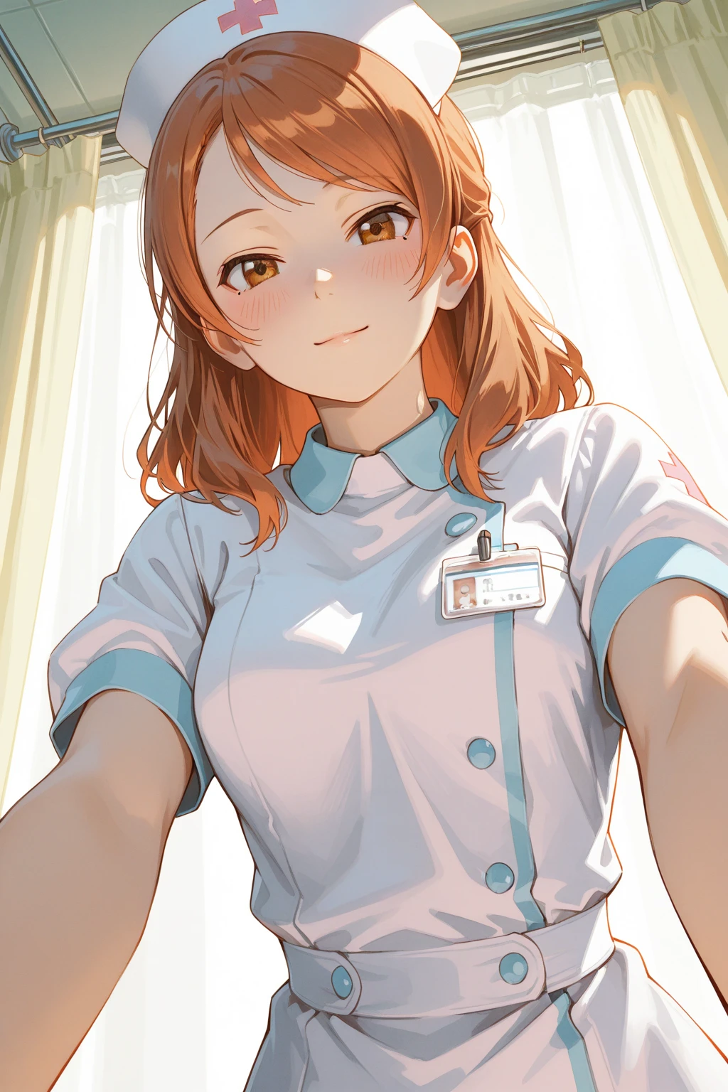 Beautiful young woman, Anime Style, Detailed face, Redhead, Wet Hair, Big eyes, pinkの目, Delicate features,One Girl, alone, nurse, pink, White gloves, Very short hair, Orange Hair, Are standing, ((Hospital room)), Sharp contours, Short sleeve, Tomboy, boyish, Highest quality, masterpiece、No hat、、