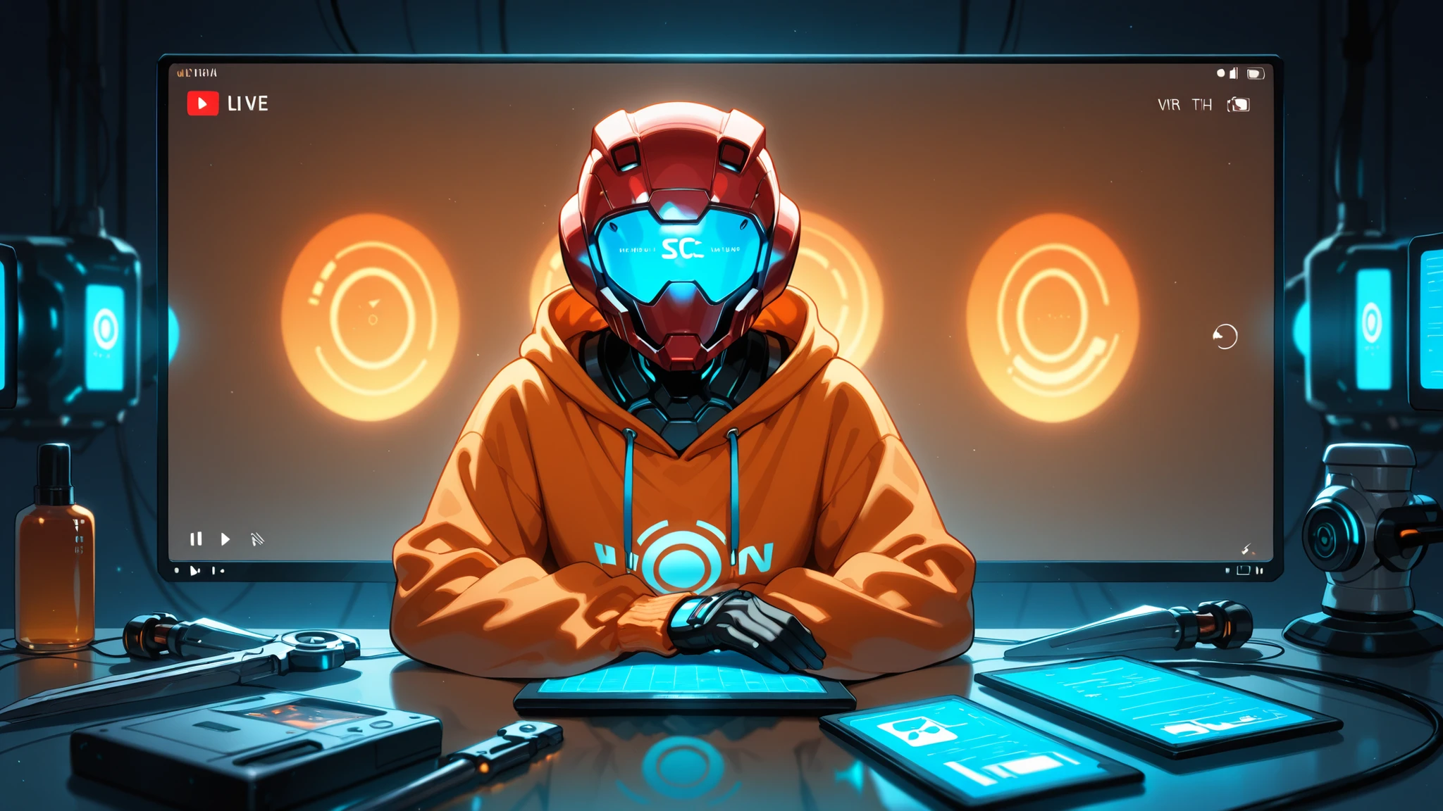 A futuristic youtuber-style talking avatar sitting in a high-tech sci-fi workshop, facing the camera directly as if speaking to an audience, wearing a bright orange hoodie and a spherical red helmet with a glowing blue digital face display that shows expressive anime-style eyes and mouth movements. The spherical helmet screen looks alive, like a digital facial expression panel. The character acts as a YouTube-style AI host, talking confidently with friendly expressions, hands resting on the table with mechanical tools scattered around.. The background is a cyberpunk lab filled with glowing blue lights, computer screens showing ironman blueprints, and scattered futuristic tools. Cinematic lighting, warm orange and cool cyan contrast, anime-meets-realism 2.5D style, highly detailed, 2D cartoon style, 8K ultra-realistic render, soft shadows, depth of field, professional YouTube thumbnail composition, front view, no text.