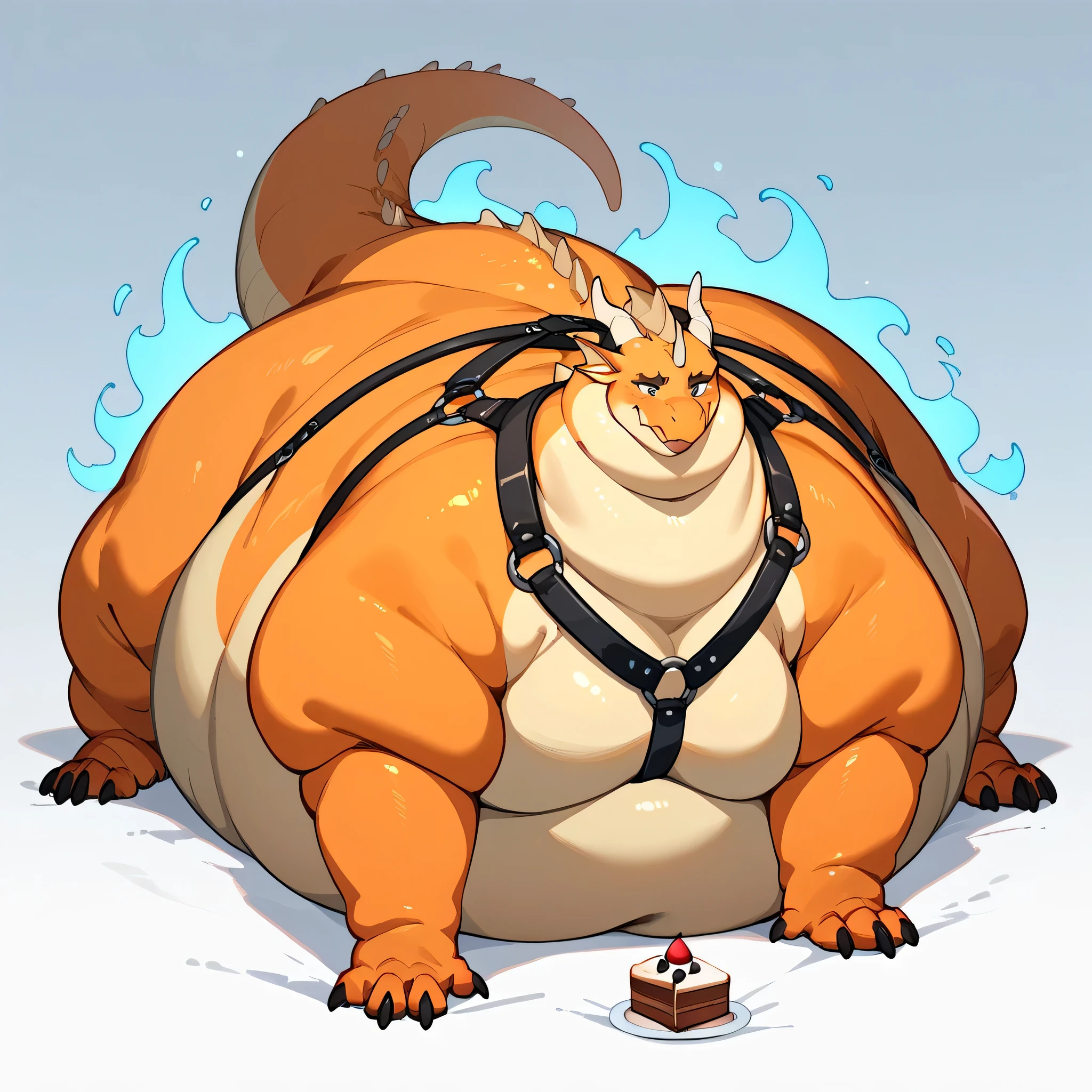 furry Full feral dragons body, long neck, overweight, weight gaining, giant obese bottome belly spread, fat tail, dragon, cake force feeding, fat face, Stuck atop her belly, magic ghost hands rubbing fat dragon's belly, side quater view, legs off the ground, taur, taur dragon, taur body, body harness