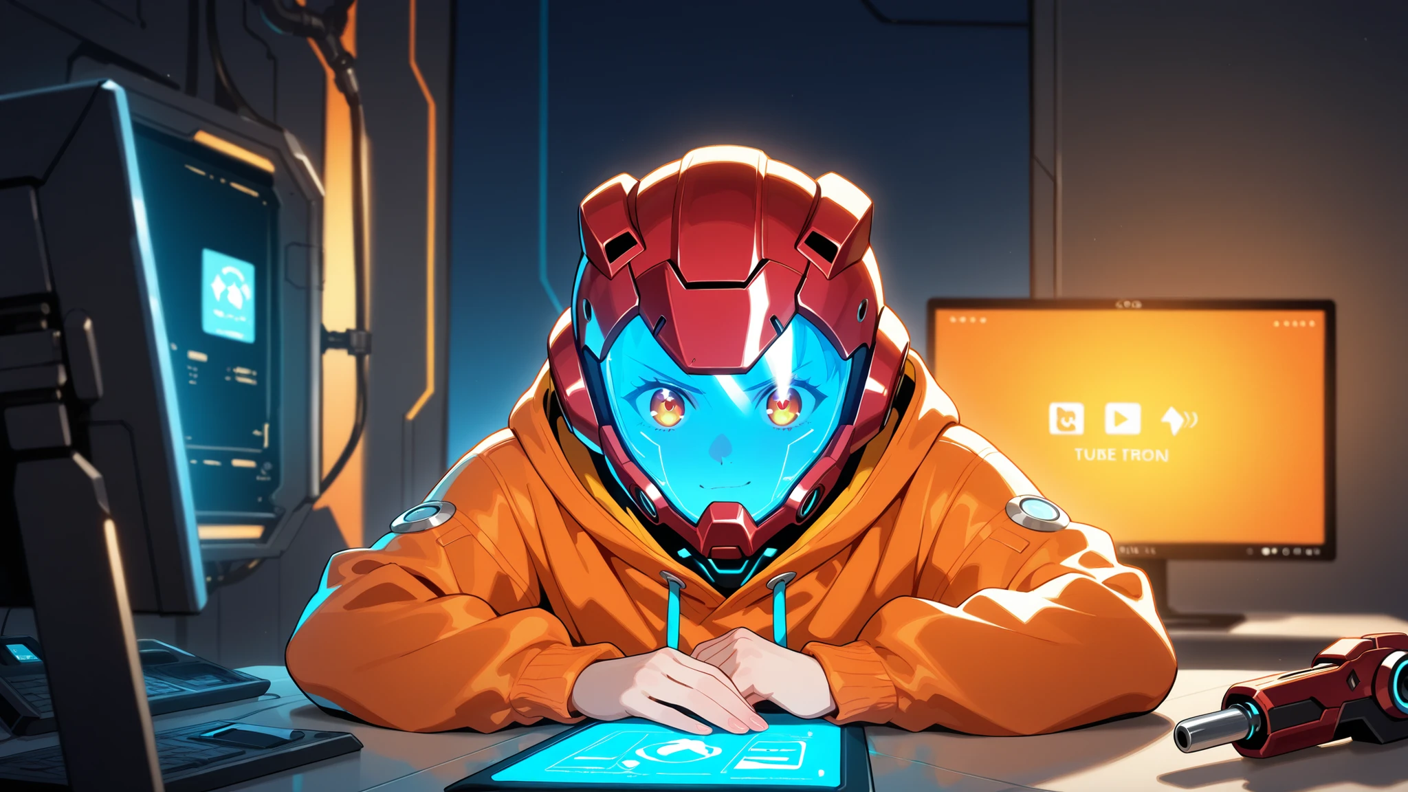 A futuristic youtuber-style talking avatar sitting in a high-tech sci-fi workshop, facing the camera directly as if speaking to an audience, wearing a bright orange hoodie and a spherical red helmet with a glowing blue digital face display that shows expressive anime-style eyes and mouth movements. The spherical helmet screen looks alive, like a digital facial expression panel. The character acts as a YouTube-style AI host, talking confidently with friendly expressions, hands resting on the table with mechanical tools scattered around.. The background is a cyberpunk lab filled with glowing blue lights, computer screens showing ironman blueprints, and scattered futuristic tools. Cinematic lighting, warm orange and cool cyan contrast, anime-meets-realism 2.5D style, highly detailed, 2D cartoon style, 8K ultra-realistic render, soft shadows, depth of field, professional YouTube thumbnail composition, front view, no text.