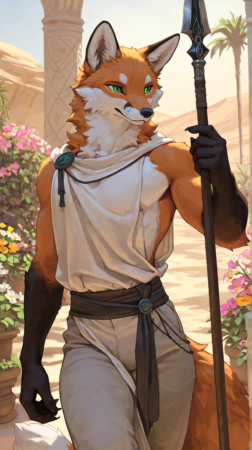 Furry,solo,fox,masculine,White fur with red stripes,The left eye is purple.,red right eye,Muscular, body,The has a scar in the shape of a cross.,standing by the stream,nighttime,There are clam branches.