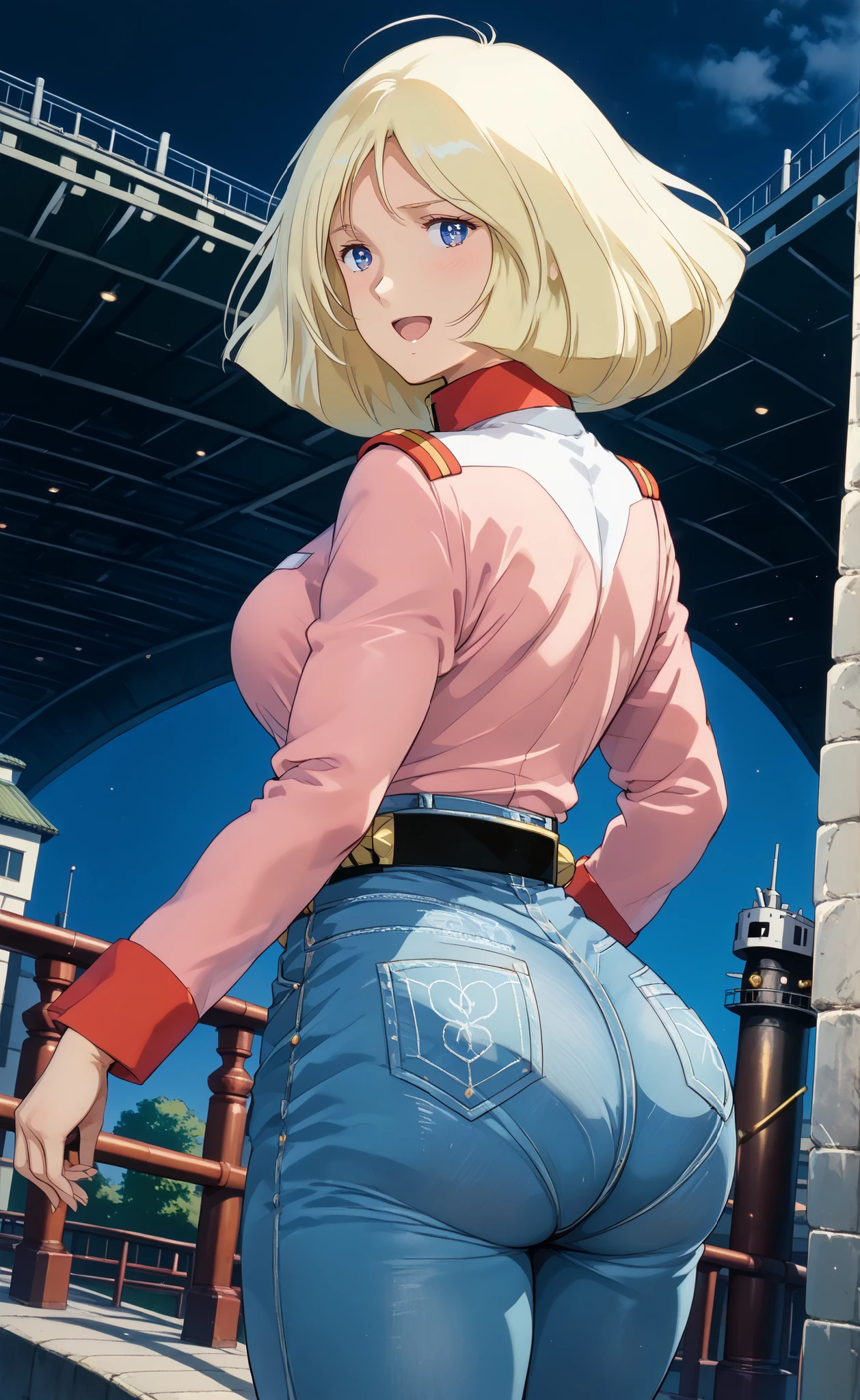 one girl, solo,Beautiful girl with 8 heads, (cowboy shot in elaborate denim), 1980 \(style\), Seirama, (beautiful blonde:1.5),smile, Shy, Middle Bust, on a pasture at night, pink orange military jacket with bare feet bandaged, long sleeve, Military uniform,miniskirt, Style your hair, viewers, (cowboy shot in elaborate denim:1.5), seat, (素足に包帯を巻いている:1.5), ( Battleship Bridge in the background:1.5), score_9, score_8_excellent, score_7_excellent, source_ anime, (Highest Quality:1.2),( Big butt and a voluptuous body:1.5),(to open your mouth is facing the front:1.5),

