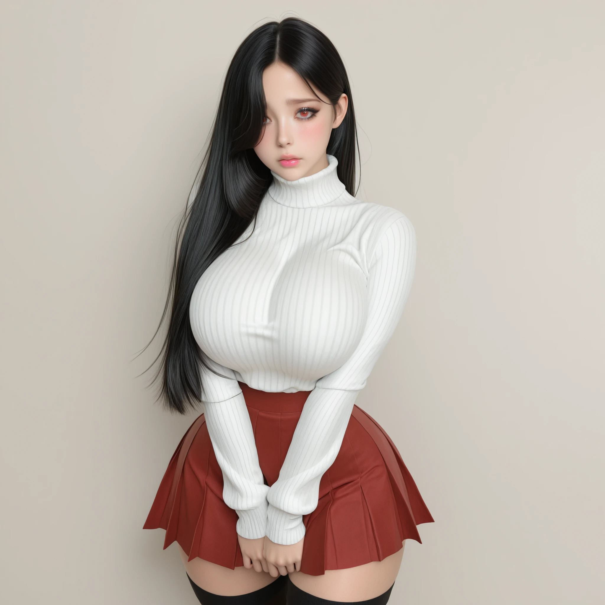 masterpiece, ultra-HD, impressionism, high detail, best quality, very aesthetic, 8K, best quality, beautiful, ultra-high resolution, 32K UHD, sharp focus, 3D, Hype4realistic, asian_korean, 1girl, solo, long straight black hair, loose hair, hair over one eye, red eyes, almond-shaped eyes, eyelashes, black eyeliner, pink lips, huge breasts, wide hips, narrow waist, thick thighs, shapely legs, slim, black ribbed baggy turtleneck sweater, red pleated skirt, black thigh high socks, blushed, shy, cute, hands on lap, standing, looking at the viewer, simple background, front view