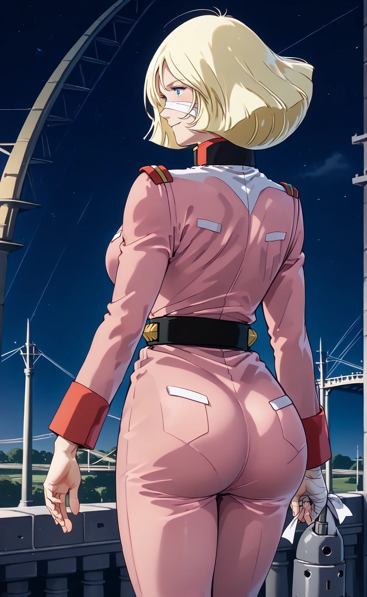 one girl, solo,Beautiful girl with 8 heads, (cowboy shot in elaborate denim), 1980 \(style\), Saylamath, (beautiful blonde:1.5),smile, Shy, Middle Bust, on a pasture at night, pink orange military jacket with bare feet bandaged, long sleeve, (Military uniform,miniskirt:1.5), (I'm bandaging my bare feet:1.5),Style your hair, viewers, (cowboy shot in elaborate denim:1.5), seat, (I'm bandaging my bare feet:1.5), ( Battleship Bridge in the background:1.5), score_9, score_8_excellent, score_7_excellent, source_ anime, (Highest Quality:1.2),( Big butt and a voluptuous body:1.5),(is facing the front:1.5),