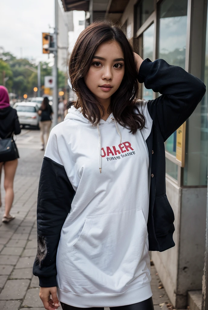 photorealistic view of woman smoking in the square with a sweatshirt and beanie 