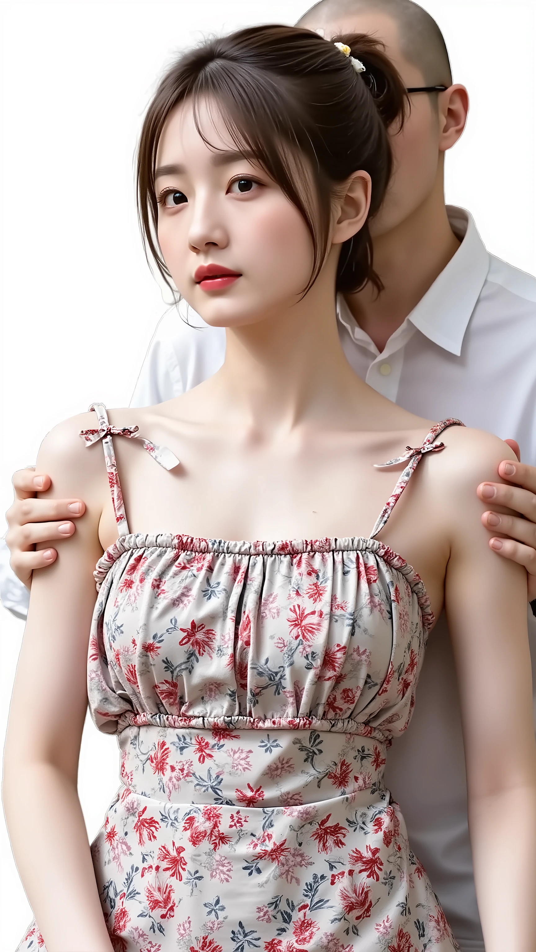 A high resolution photograph of a Japanese adult woman, wearing a floral print sundress, with orgasm face, in a ponytail with hair scrunchie,
(She stands indoors., She leans forward., viewed from the front:1.5).
(A man behind the woman grabs her shoulders., The man's face is out of frame.:1.2).
The image depicts detailed face, detailed eyes, sophisticated nose, detailed hands, detailed fingers and anatomically correct proportion.
The amazing quality, extreme details, intricate details, sharp focus, rich contrast and use of professional lighting techniques make this photograph a masterpiece.
The image is realistic and photo-realistic style.