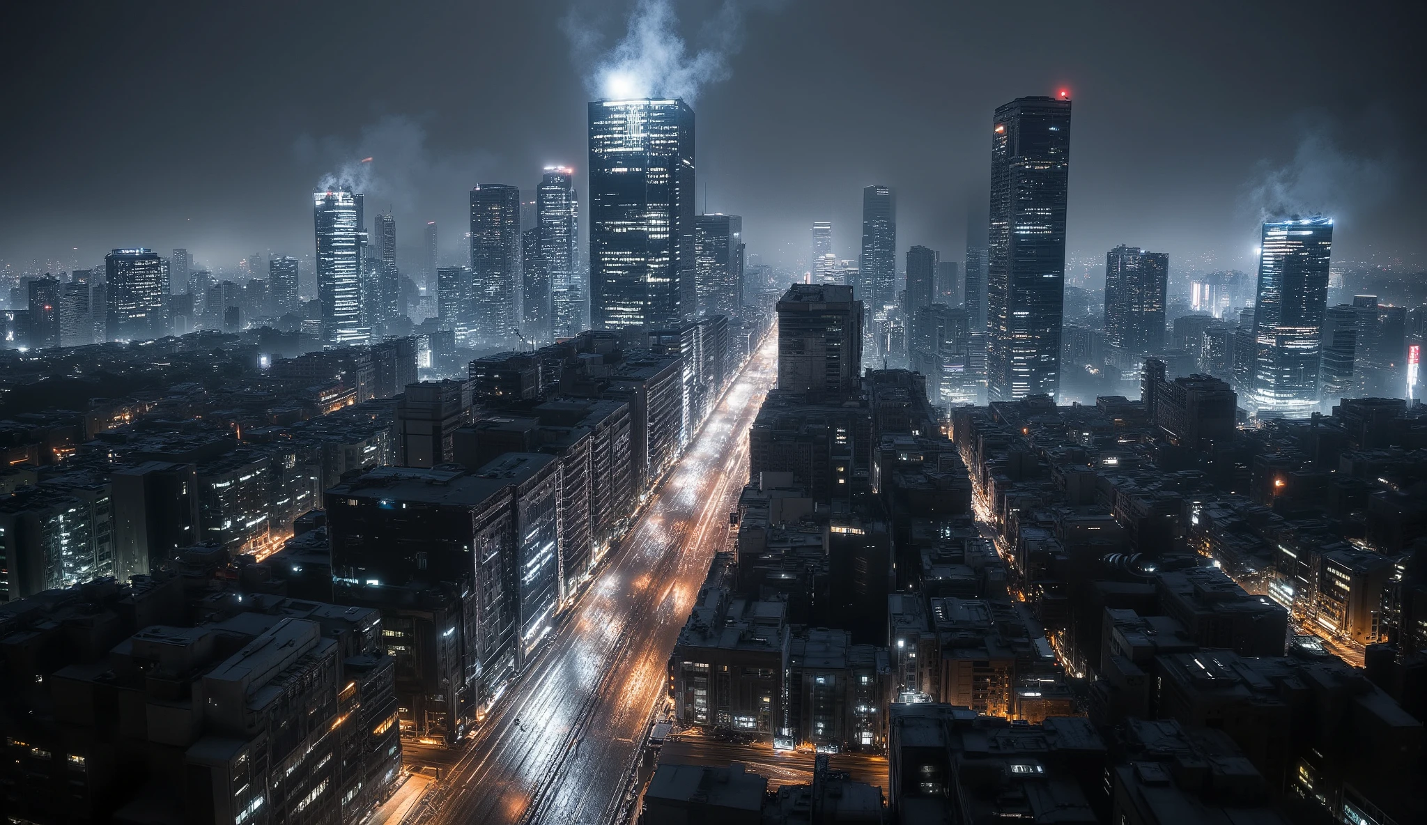 A panoramic view of a modern city at night under light fog. Skyscrapers illuminated by cold white lights, streets below glowing softly from wet reflections. Smoke rising between buildings, realistic shadows and depth, cinematic noir realism with tense and mysterious mood, 16:9.