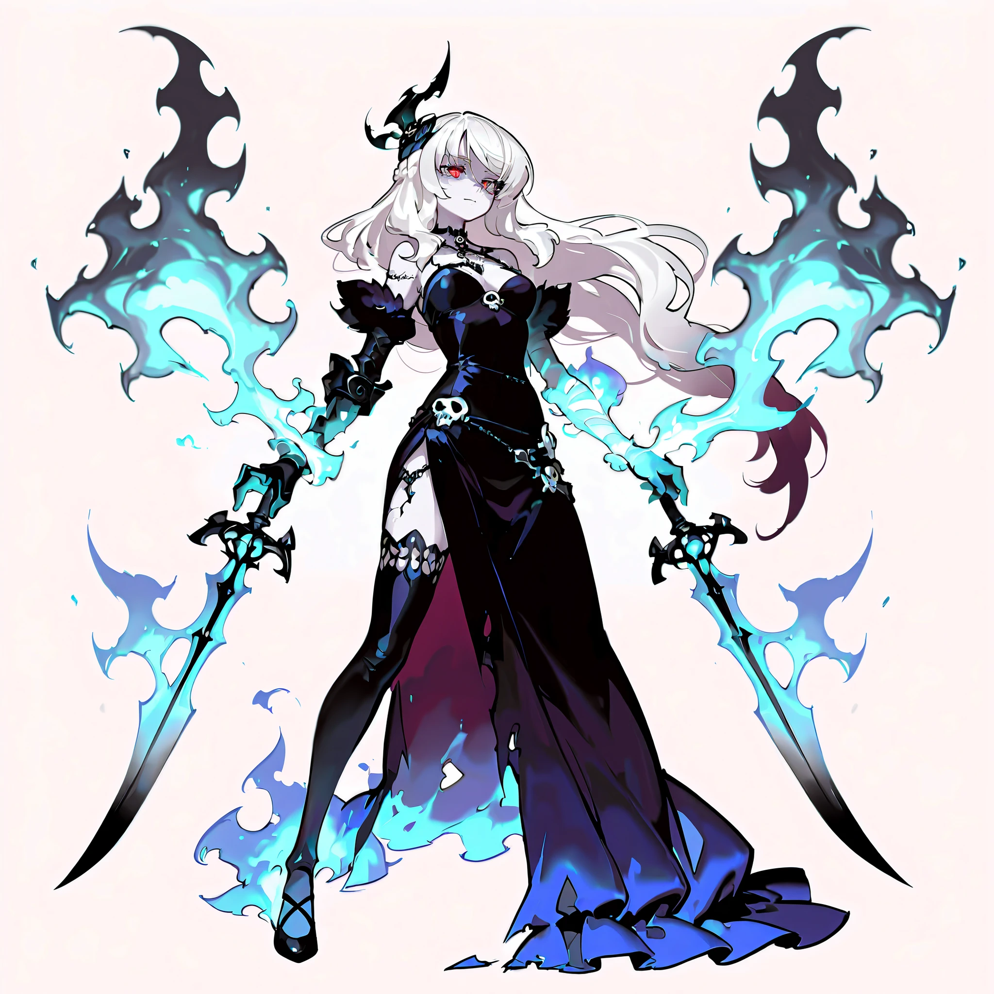 (((masterpiece))), (((Best Quality))), ((Ultra-detailed)), (High-Definition anime Illustration), ((extremely delicate and beautiful)), solo, Full body, wightmge, fantasy undead wight fighter girl, white shaggy hair, long hair, very long hair, gradient hair, braid, red eyes, calcified blind eyes, pale skin and mummified flesh! colored skin, black thigh-highs, distorted gauntlets, clawed gauntlets, ((she is held both hands with twin swords)),(slender)(Character Focus),highly detailed, Colorful, wearing ragged fighter gear and distorted mournful black dress, long skirt, full body standing, Whole body, (((white background)))