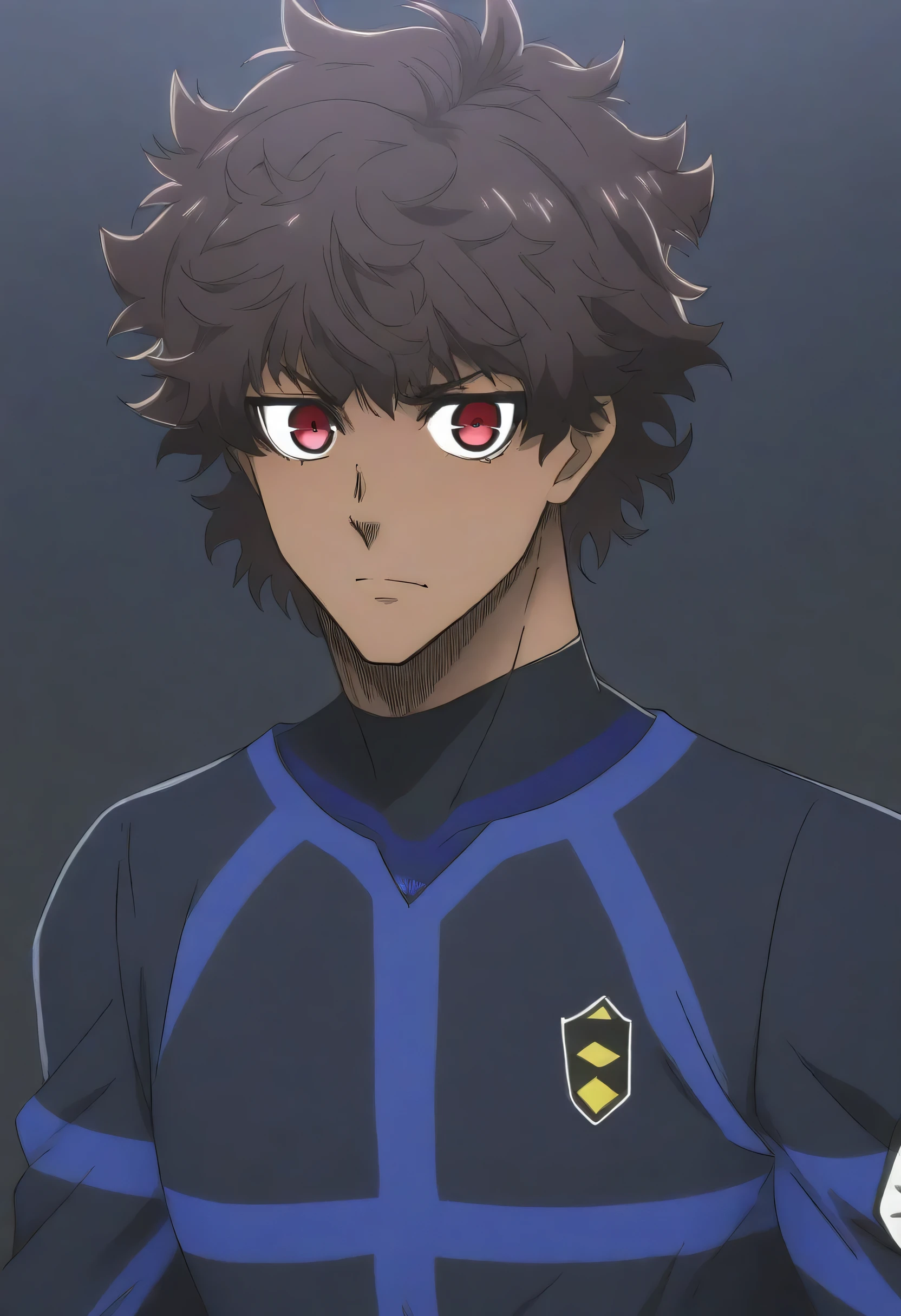 1boy, Blue Lock style, dark brown skin, red eyes, messy black spiky hair, medium length, confident expression, athletic build, anime style, simple background.