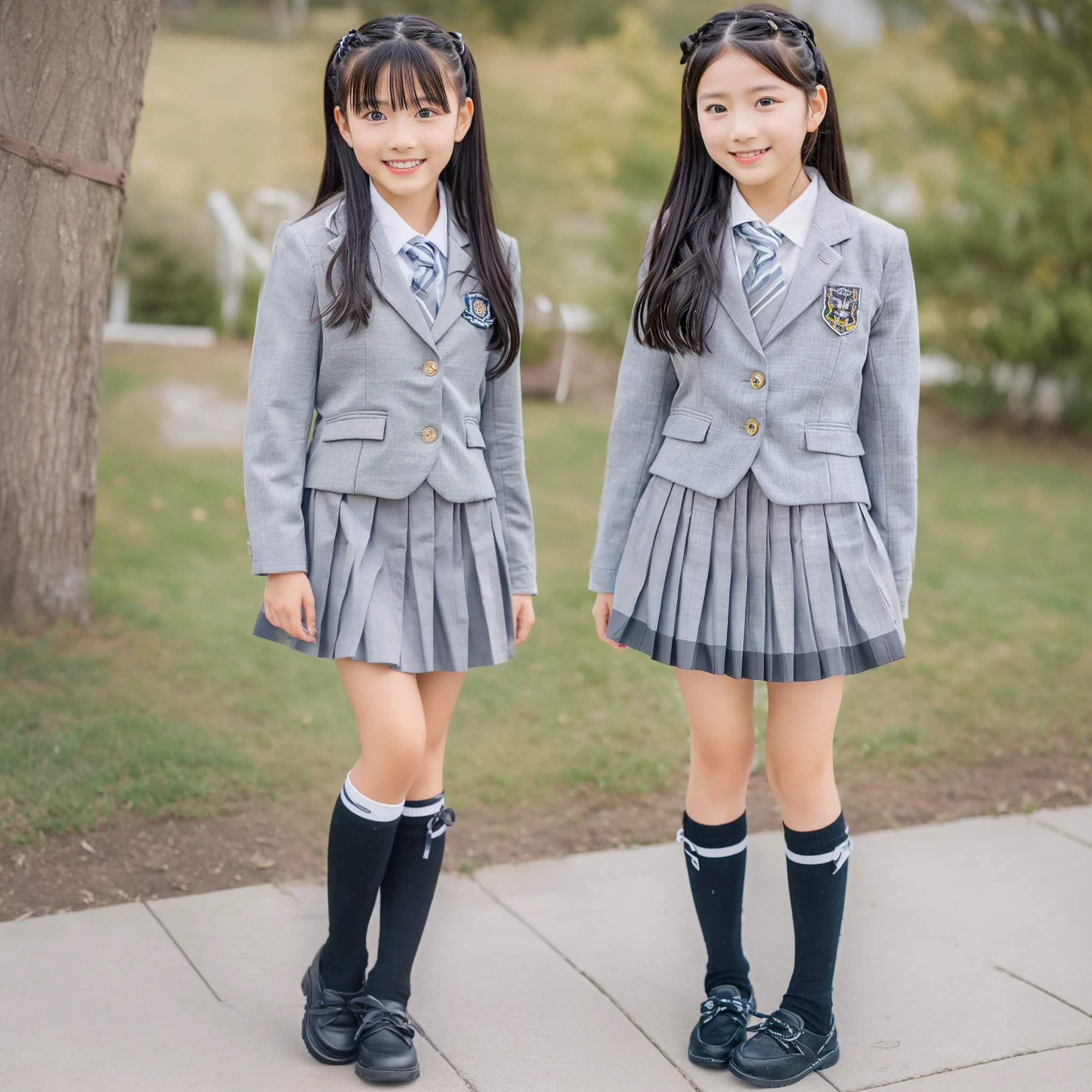 (8k,  Highest Quality, masterpiece,full body:1.2),   super high resolution,  complicated details,  1 Girl,  10 years old,beautiful faces, black long hair, grey school uniform  ,blazer after face,ribbon tie,pleated skirt that shifts the pan,