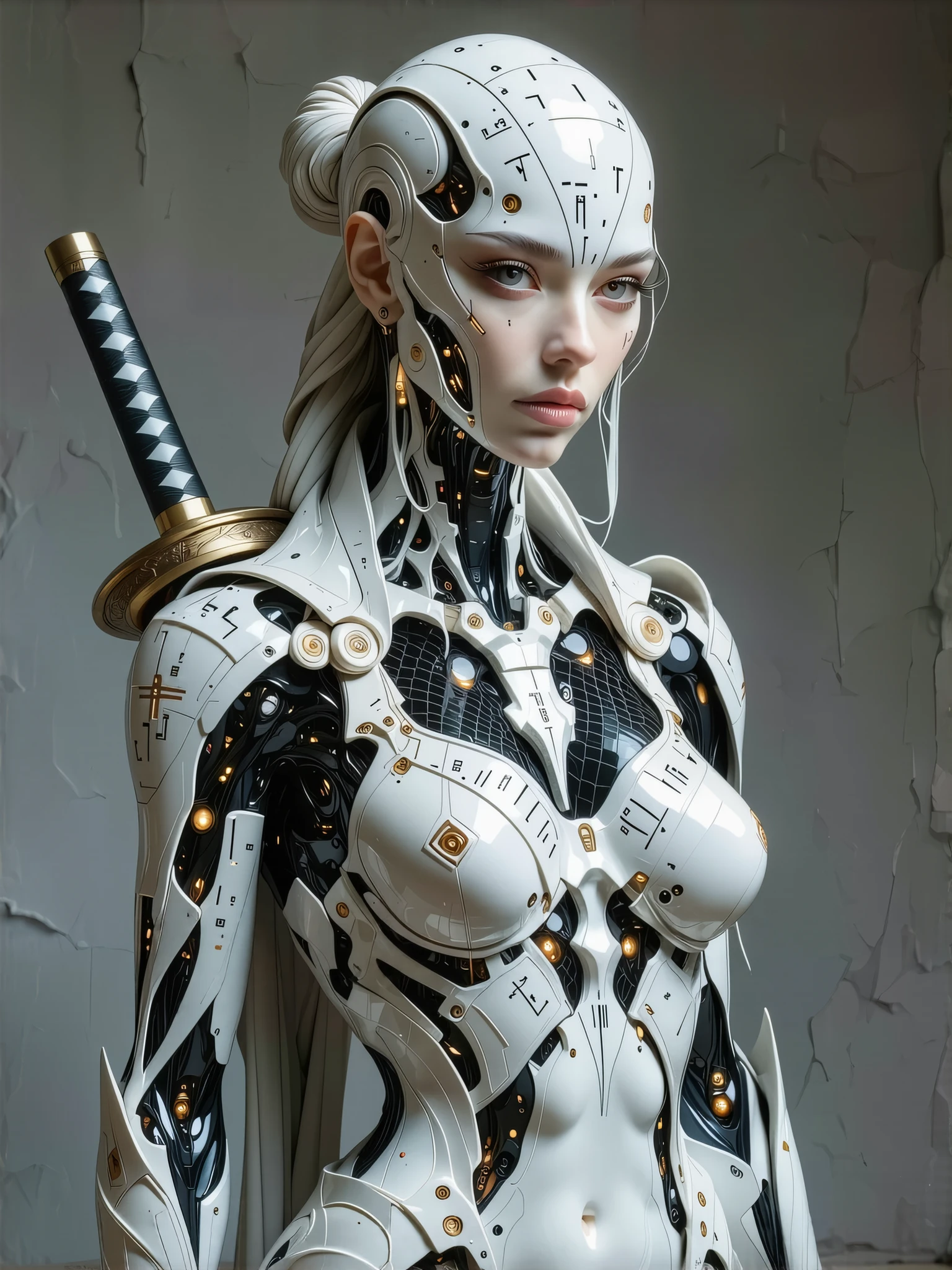 
create a very detailed image, of a bust of a beautiful cibernetic warrior, front view, with a futuristic katana, with textured skin with relief rune tattoos, with markedly feminine and erotic shapes, dressed in a net tunic, which sticks to her body, as if printed in 3d resin, which does not have too large voids, to facilitate printing, masterpiece, 8k. The figure must be like a 3d resin print. Neutral background.