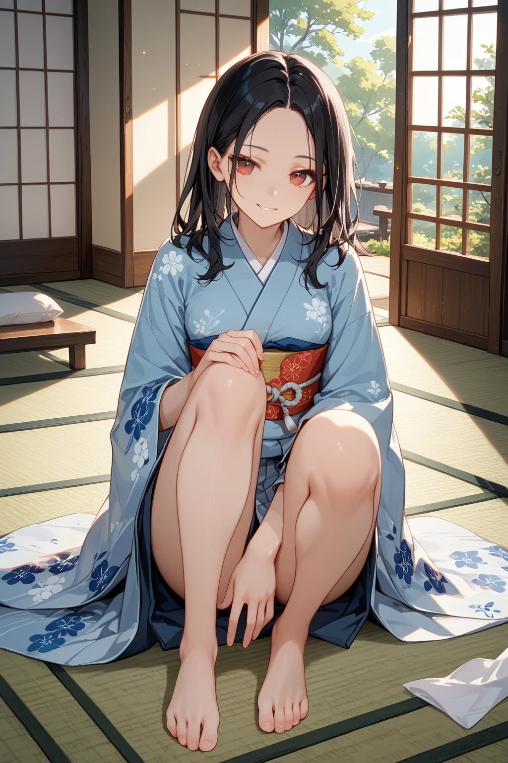 bathrobe、Bare legged、femele、２０generation、short-cut、On tatami mats、1人、sole of feet