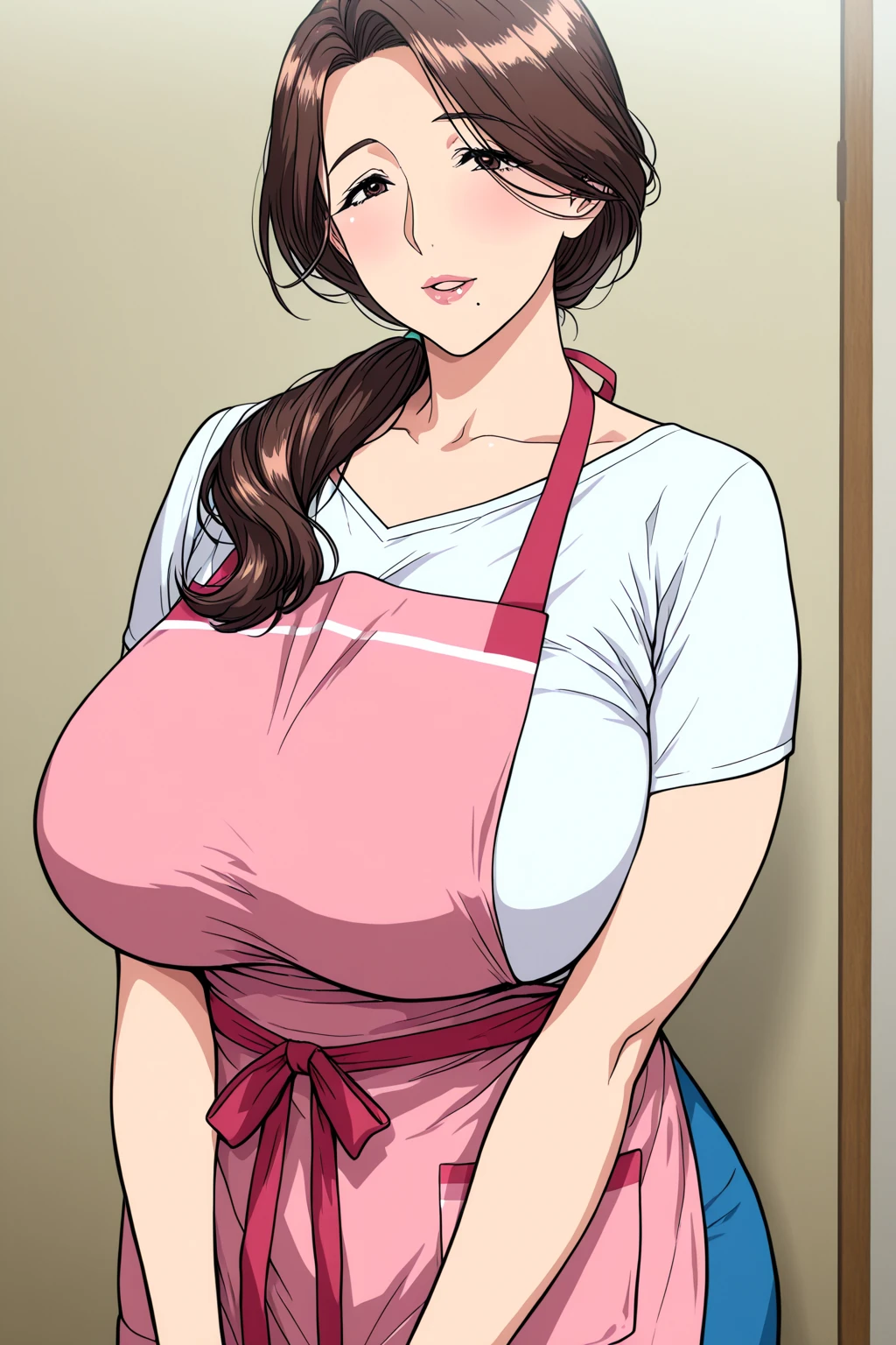 Kitchen Background, cleavage, collarbone, pink apron, exposed ???? aside from apron, shirtless, ????, ???????, being ??????, Brown hair,brown eyes,Bangs, 1 girl 1 boy, 20yo, 1 guy guy is ??????? her, ???????????, milf ,Beautiful Finger,Beautiful long legs, on her knees, Beautiful body,Beautiful Nose,Beautiful character design, perfect eyes, perfect face,expressive eyes,perfect balance, looking at viewer,open mouth, (innocent_big_eyes:1.0),Light_Smile, official art,extremely detailed CG unity 8k wallpaper, perfect lighting,Colorful, Bright_Front_face_Lighting,shiny skin, (masterpiece:1.0),(best_quality:1.0), ultra high res,4K,ultra-detailed, photography, 8K, HDR, highres, absurdres:1.2, Kodak portra 400, film grain, blurry background, bokeh:1.2, lens flare, (vibrant_color:1.2),professional photograph, (Beautiful,large_???????:1.4), (beautiful_face:1.5),(narrow_waist),
